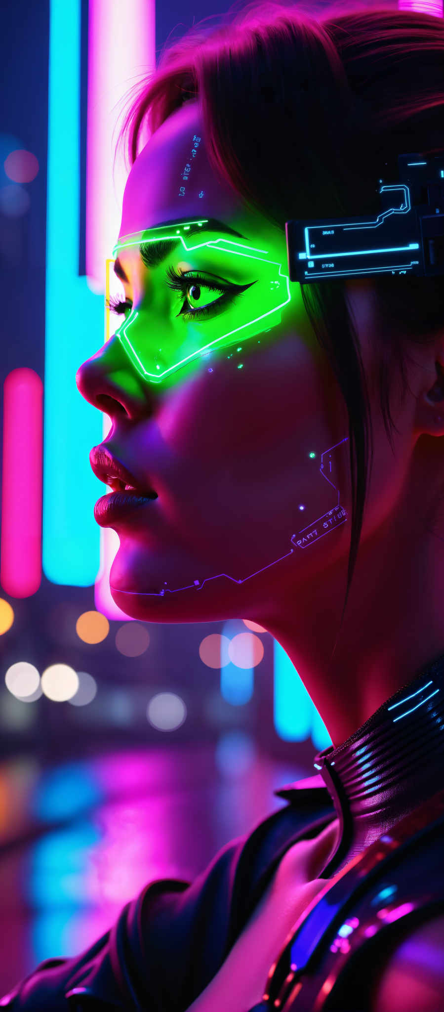 The image captures a close-up of a person's face bathed in a vibrant array of neon lights. The face is adorned with a green and blue LED mask creating an ethereal glow that illuminates the features. The background is a kaleidoscope of colors with pink blue and purple lights adding depth and dimension to the scene. The art style is reminiscent of digital art with the use of neon and LED lights lending a futuristic feel. The subject appears to be in a state of contemplation or introspection adding a sense of mystery to the composition. The motif of the image is centered around the exploration of identity and self-expression through the use technology and color.