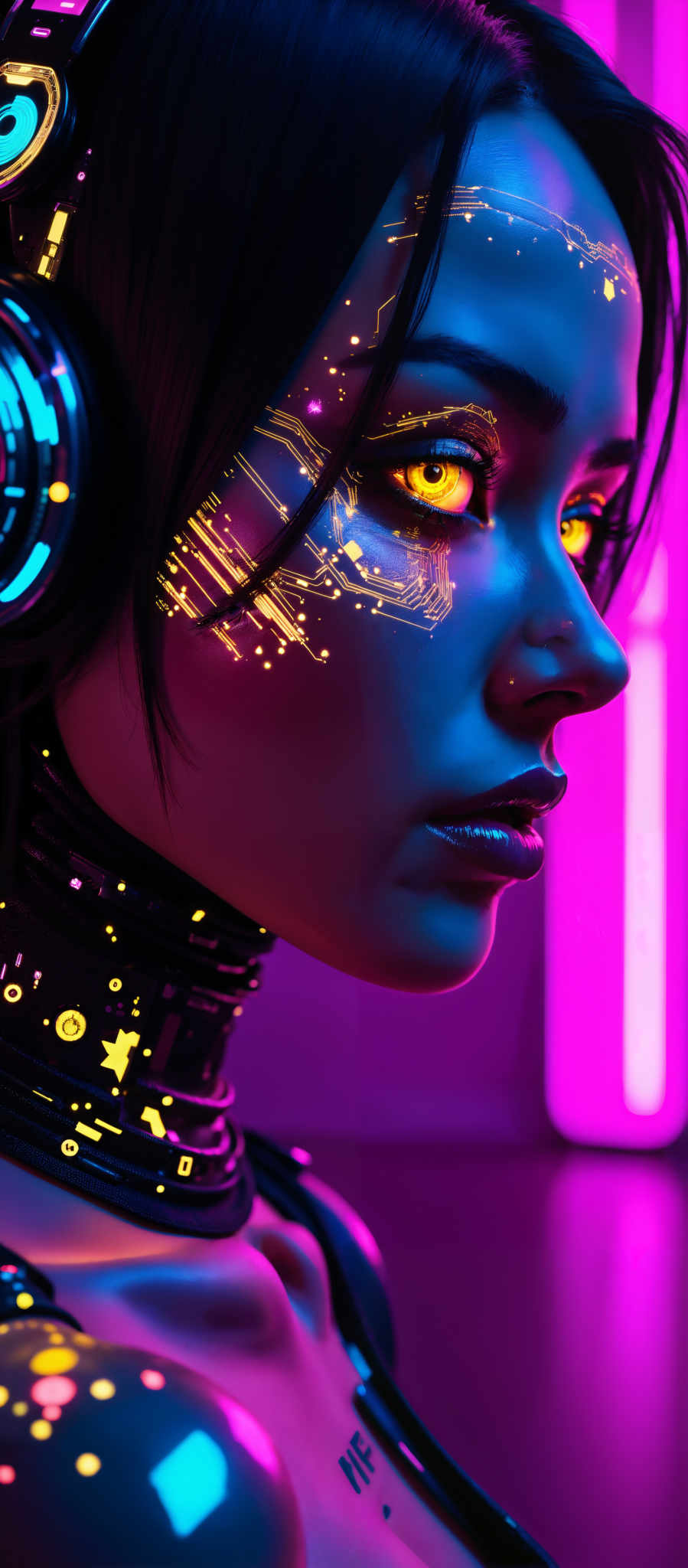 The image portrays a close-up of a person's face bathed in a vibrant mix of blue and purple hues. The person's eyes are accentuated with yellow adding a striking contrast to the overall color scheme. The face is adorned with intricate circuit board patterns lending an electronic and futuristic feel to the artwork. The background is a blend of purple and pink further enhancing the surreal and dreamlike quality of the image. The art style is reminiscent of digital art with a focus on the fusion of human and technology. The subject of the artwork is the human face with the motif of technology and circuitry integrated into the design. The image evokes a sense of wonder and curiosity inviting viewers to explore the intersection of humanity and technology in a visually captivating manner.