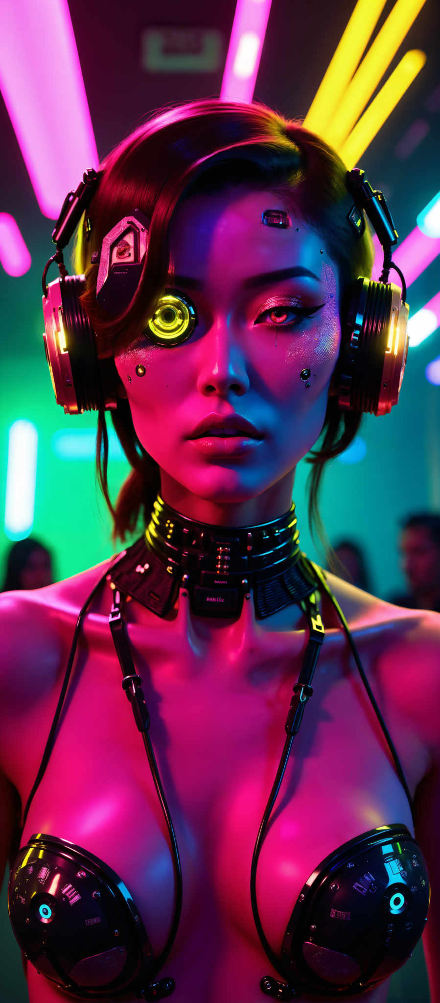 The image portrays a woman with a futuristic appearance. She is adorned with a black collar and a necklace featuring a large pendant. Her eyes are replaced with glowing yellow orbs adding to her otherworldly look. She wears headphones that are predominantly red and black. The background is a vibrant mix of pink and green lights creating a surreal atmosphere. The woman's gaze is directed straight at the camera evoking a sense of intrigue and mystery. The overall art style of the image is reminiscent of a digital illustration or a painting with a focus on the surreal and the fantastical. The subject of the artwork is a woman and the motif revolves around technology and the future. The image does not contain any text.