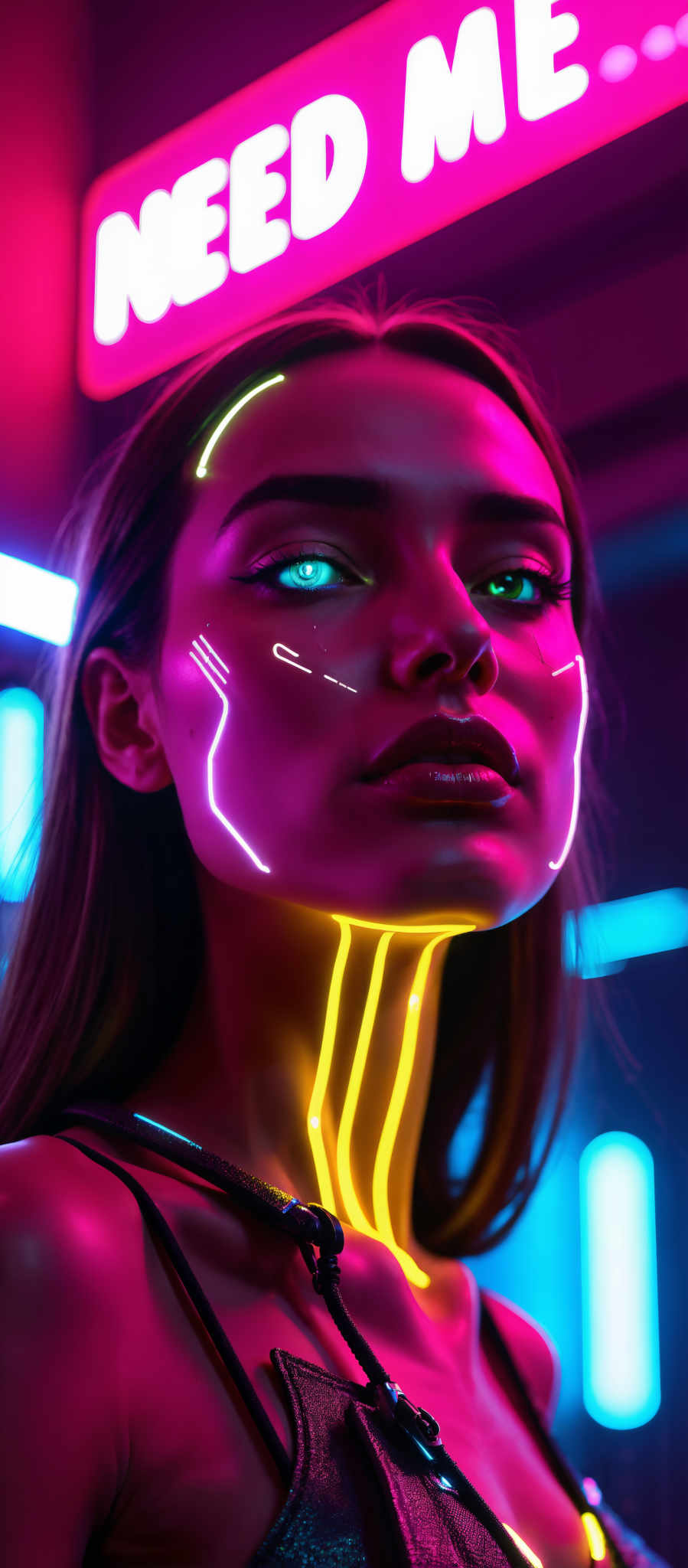 The image portrays a woman with long brown hair. Her face is adorned with a striking neon-like glow that is predominantly pink and blue. The glow is composed of lines and shapes that add a futuristic and artistic touch to her appearance. The background is a dark purple hue which contrasts with the glow and makes it stand out. The woman's gaze is directed straight at the camera creating a sense of connection with the viewer. The overall art style of the image is surreal and dreamlike evoking a sense wonder and intrigue. The subject of the photo is the woman and the motif is the glow which is a central element of the composition. The image does not contain any text or other discernible objects. The relative position of the woman and the glow is such that the glow appears to be emanating from her face further enhancing the surreal and futuristic aesthetic of the photograph.