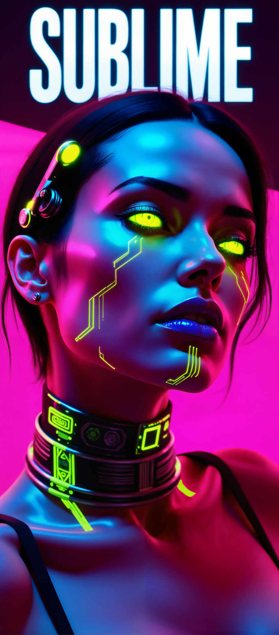 The image portrays a woman with a futuristic appearance. Her face is adorned with a blue and purple circuit board design giving her an otherworldly look. Her eyes glow a striking yellow adding to the overall surrealism of the image. She is wearing a black and green collar which is embellished with a series of green buttons. The background is a vibrant pink providing a stark contrast to the woman's design. The art style of the photo is reminiscent of digital art with a focus on the woman as the central subject. The image evokes a sense of futuristic technology and surrealism.