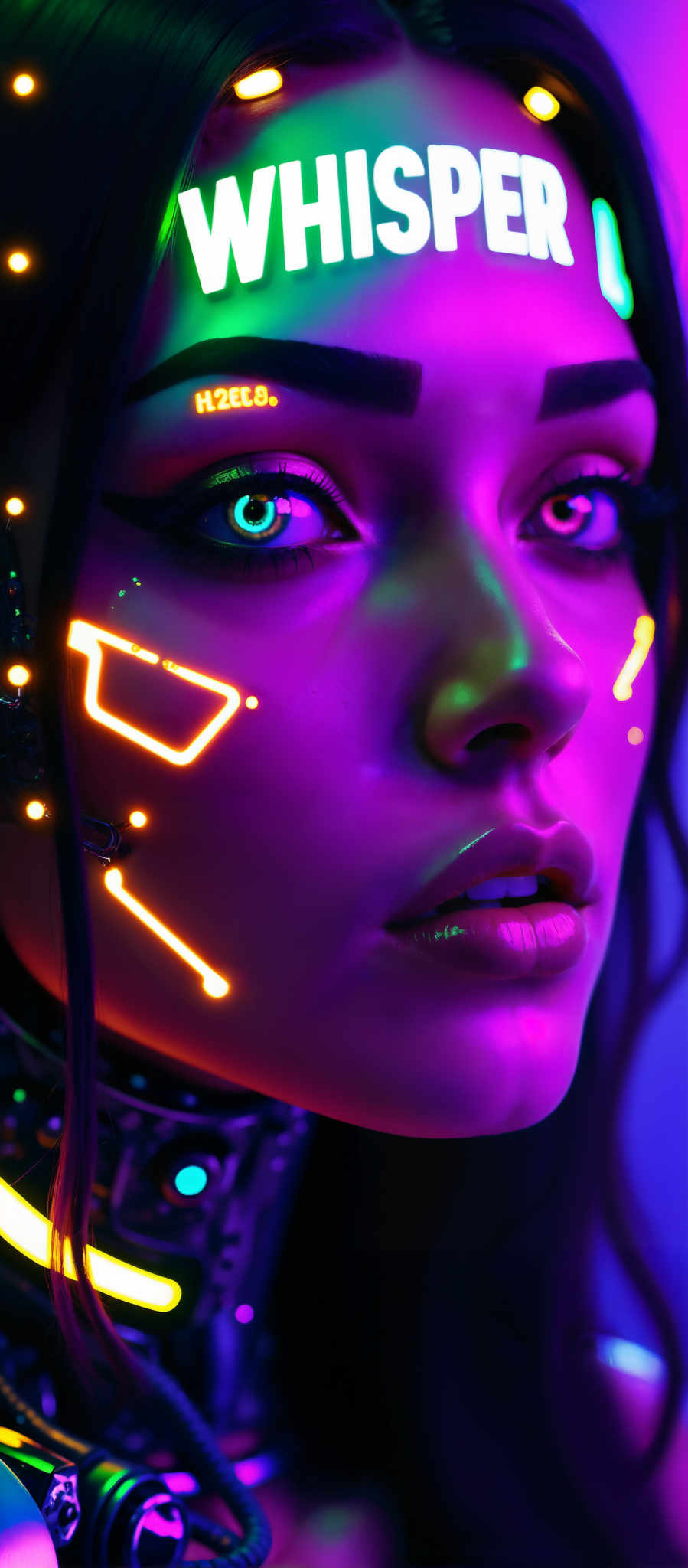 The image captures a close-up of a person's face bathed in a vibrant mix of purple and blue hues. The person's eyes a striking blue are accentuated by a black eyeliner that adds a touch of mystery to their expression. Their lips painted a soft pink stand out against the cool tones of their face.

The person's skin is adorned with a series of glowing neon lights arranged in a geometric pattern that adds an element of modernity and edginess to the overall look. These lights in shades of blue and purple seem to emanate a soft glow illuminating the person's features and creating a captivating visual effect.

The background is a stark contrast to the person with its dark blue color providing a deep almost infinite backdrop that further emphasizes the person in the foreground. The overall composition of the image with the person centrally placed draws the viewer's attention directly to them making them the undeniable focal point of the scene.

Despite the simplicity of the elements - a person their face and the neon lights - the image conveys a sense of intrigue and fascination inviting the viewer to delve deeper into its meaning. The use of color light and composition all work together to create a visually stunning image that is both captivating and thought-provoking.