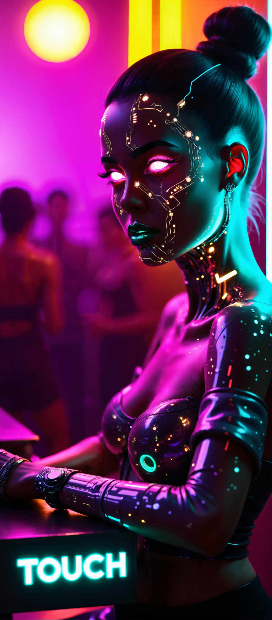 The image portrays a futuristic robot with a human-like face. The robot's face is adorned with a metallic finish and is illuminated by a vibrant array of purple and blue lights. The body of the robot is covered in a glossy black material which is accentuated by a pattern of purple lights. 

The robot's eyes are glowing a bright blue and its mouth is painted a striking shade of purple. The background of the image is a dark purple color providing a stark contrast to the robot's metallic finish. 

In the background there are blurred figures of people suggesting that the robot might be in a public space or at an event. The overall art style of the photo is futuristic and high-tech emphasizing the advanced nature of the subject. 

This image captures the essence of a futuristic world where technology and humanity intersect creating a captivating visual narrative.