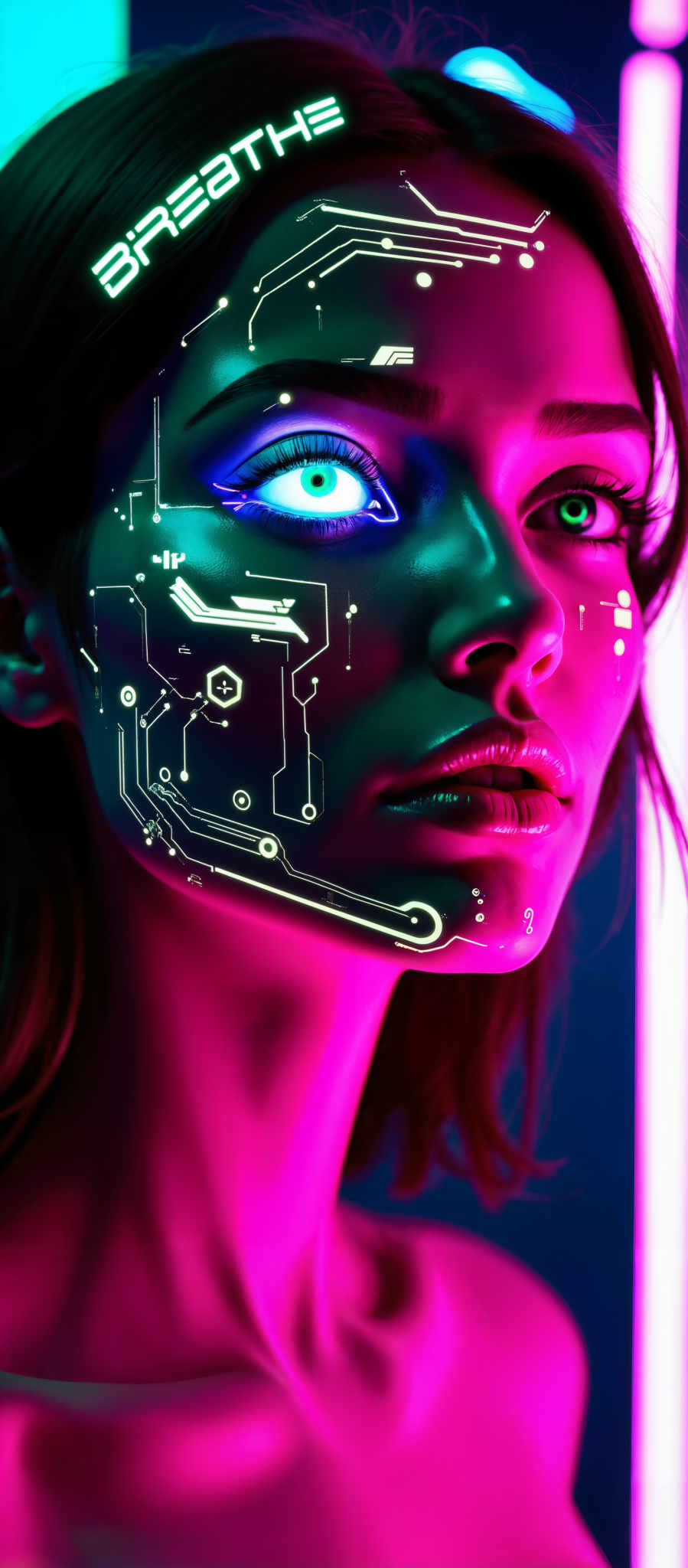 The image presents a close-up view of a person's face which is the central focus. The face is adorned with a circuit board-like design giving it an electronic and futuristic appearance. The design is illuminated with a vibrant mix of blue pink and purple hues adding a sense of depth and dimension to the face. The background is a stark contrast to the colorful face featuring a solid blue color that further accentuates the face's design. The overall art style of the image is reminiscent of digital art with its emphasis on electronic elements and vivid colors. The subject of the artwork is the human face and the motif revolves around the fusion of human and electronic elements. The image does not contain any discernible text or countable objects. The relative positions of the objects are such that the face is in the foreground while the blue background forms the backdrop. The circuit board design is superimposed on the face covering a significant portion of it. The colors are evenly distributed across the design with no particular color dominating the others. The electronic elements are intricately detailed suggesting a high level of craftsmanship in the image's creation. The blue background is uniform with the face and design being the only sources of color variation. The lighting in the design is even with all elements of the design being equally illuminated. The faces expression is neutral with neither joy nor sadness being depicted. The eyes are open and there is no indication of movement or action in the face or design.