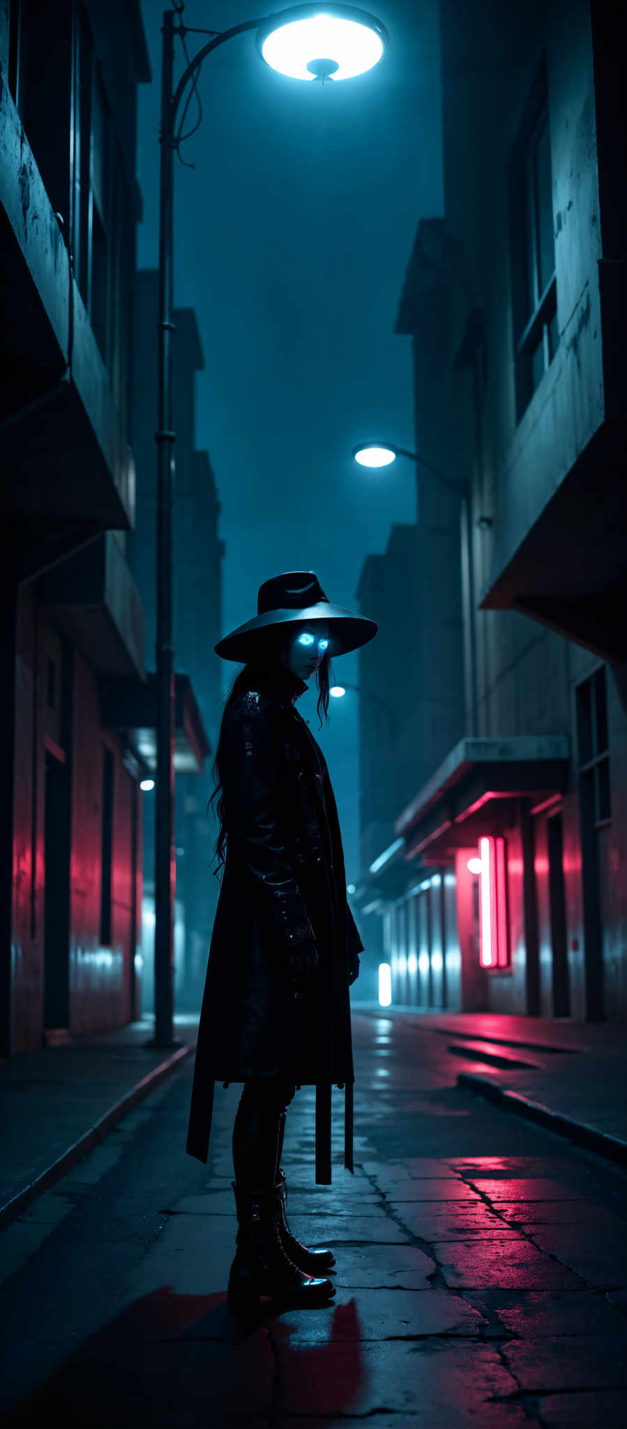 In the heart of a dimly lit alleyway a solitary figure stands exuding an aura of mystery and intrigue. The individual clad in a black coat and hat is the central focus of the image. The hat a stark contrast to the surrounding darkness is adorned with a striking blue light that illuminates the face casting an ethereal glow that pierces the night.

The alleyway itself is a labyrinth of concrete structures their red and blue lights casting long shadows and adding depth to the scene. The lights scattered sporadically create a sense of depth and dimension drawing the viewer's eye into the image.

The art style of the photo is reminiscent of noir films evoking a sense nostalgia and a bygone era. The subject the person in the black coat is positioned in the center of the frame their silhouette stark against the backdrop of the illuminated alleyway.

The motif of the scene is one of solitude and mystery the lone figure in the alleyway serving as a symbol of the unknown. The image captures a moment frozen in time a snapshot of a mysterious world that lies just beyond the edge of reality.