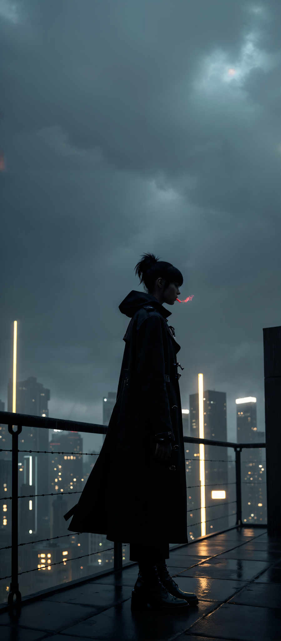 A woman in a black coat stands on a balcony her back to the camera as she blows a bubble with bubble gum. The cityscape behind her is filled with tall buildings and neon lights creating a vibrant backdrop. The woman's silhouette stands out against the bright lights adding a sense of mystery to the scene. The image captures a moment of solitude amidst the bustling city evoking feelings of introspection and contemplation.