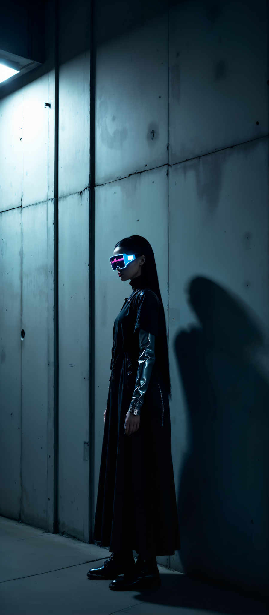 A woman in a black dress stands in front of a blue wall. She is wearing a long black coat and a black headband. Her face is obscured by a pair of blue goggles. The image has a dark and moody atmosphere. The woman's pose and the blue wall create a striking contrast. The black dress and headband add to the overall dark theme of the image. The blue goggles add a pop of color and an element of intrigue. The dark and blue color scheme gives the image a mysterious and artistic feel. The subject of the photo is the woman and the motif is the contrast between the dark and light elements in the image as well as the contrast of the woman's black dress against the blue background. The art style of the photograph is moody and atmospheric with a focus on the woman and her surroundings. The photo captures a moment of solitude and introspection with the woman standing alone in front the blue backdrop. The overall mood of the picture is mysterious and intriguing inviting the viewer to wonder about the story behind the image and the woman in the black dress.