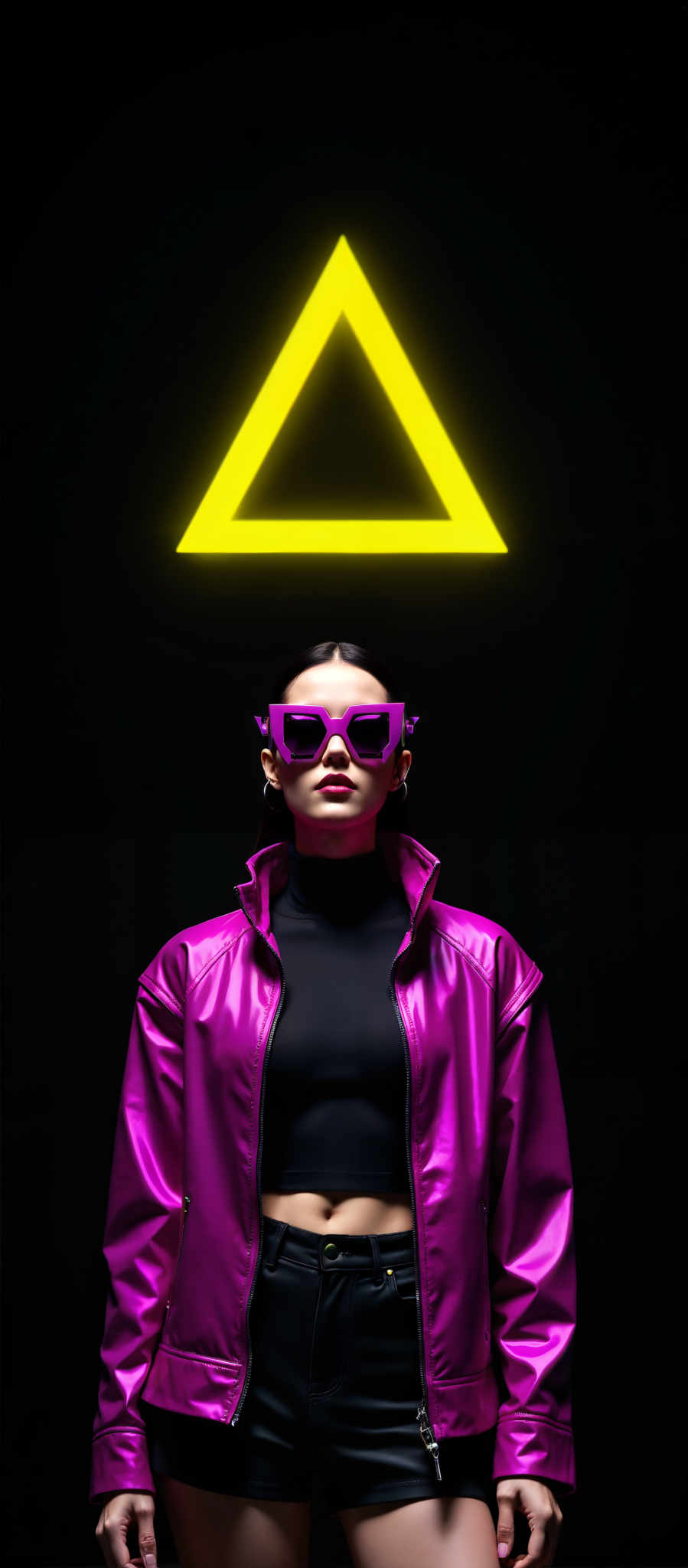 A woman in a pink jacket and purple sunglasses stands against a black background. The yellow triangle above her head adds a pop of color to the scene. Her outfit and the vibrant colors create a sense of energy and confidence. The image is a striking representation of fashion and style.