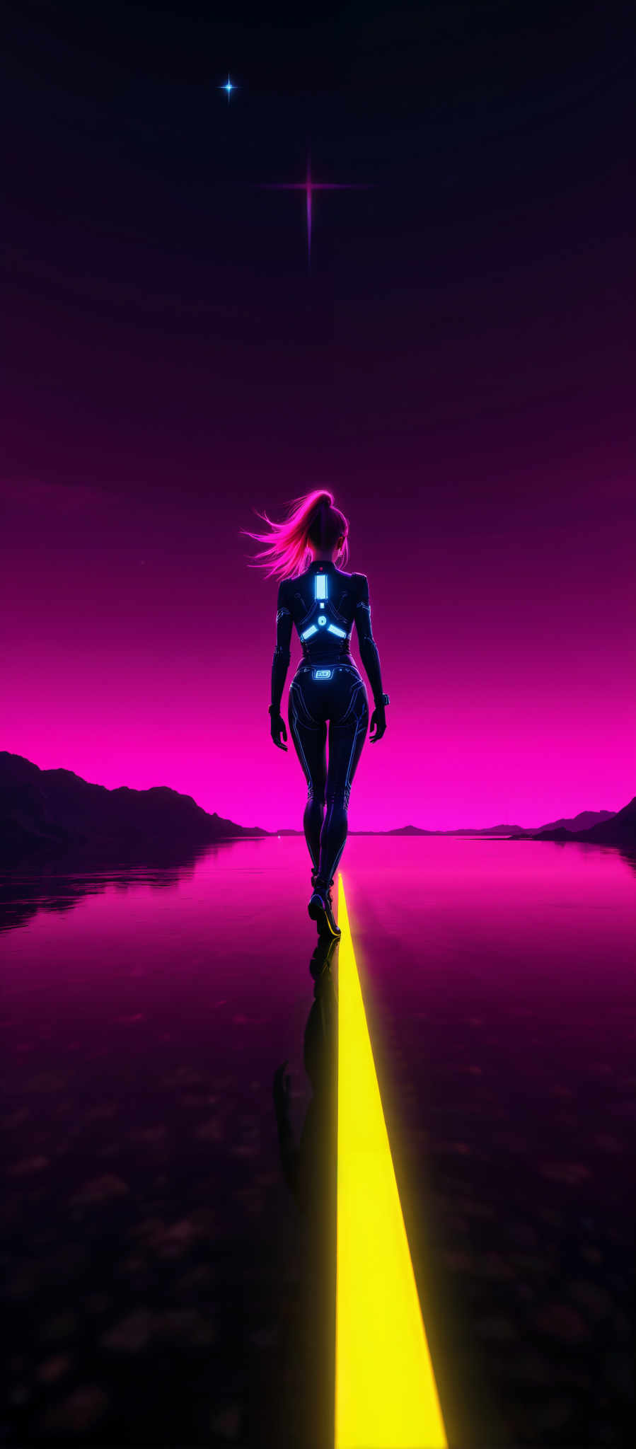 A woman in a futuristic suit is walking on a yellow line in a pink sky.