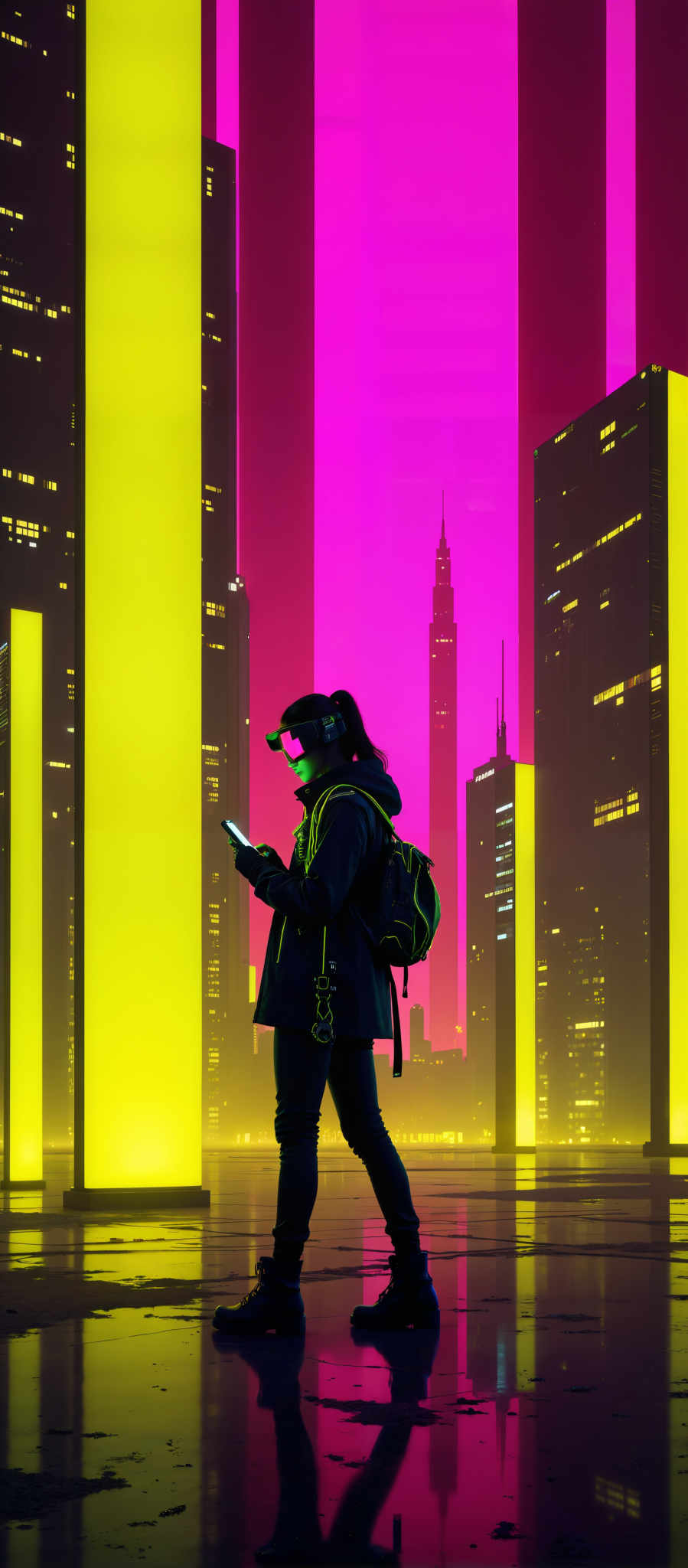 A woman in a futuristic city wearing a black jacket and a green face mask is looking at her phone. The city is filled with tall buildings that are lit up in pink yellow and purple. The tallest building has a pointed top and is located in the center of the image. The woman is standing in front of a yellow pole. The buildings are illuminated creating a vibrant and colorful atmosphere. The art style of the photo is futuristic with a focus on the woman and the cityscape. The subject of the photograph is the woman who appears to be in a state of curiosity or surprise as she looks at her device. The motif of the scene is the intersection of technology and urban life.