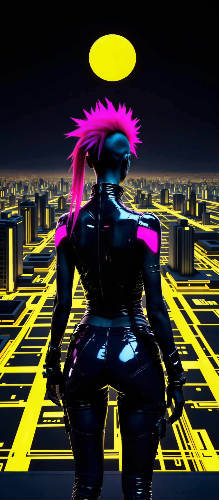 The image portrays a woman with pink hair standing in a futuristic city. She is dressed in a black and purple outfit with pink accents on her shoulders and back. The cityscape is filled with tall buildings and neon lights creating a vibrant and colorful atmosphere. The art style is futuristic with a focus on the woman and the cityscape. The subject of the image is the woman who appears to be in a contemplative or introspective mood. The motif of the scene is a blend of technology and nature represented by the futuristic city and the woman's natural features.