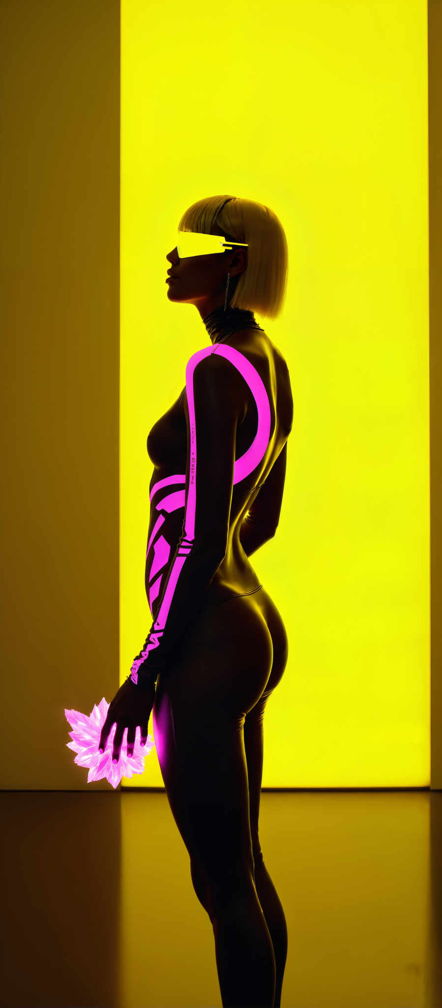 A woman in a black and pink bodysuit stands in front of a yellow background. The bodysuits design is unique with pink lines running down the sides and a pink flower adorning the waist. The woman's blonde hair is styled in a bob adding to the overall aesthetic of the image. The art style is modern and edgy with a focus on the subject and her attire. The subject is a woman and the motif is a combination of fashion and art. The image evokes a sense of confidence and style.