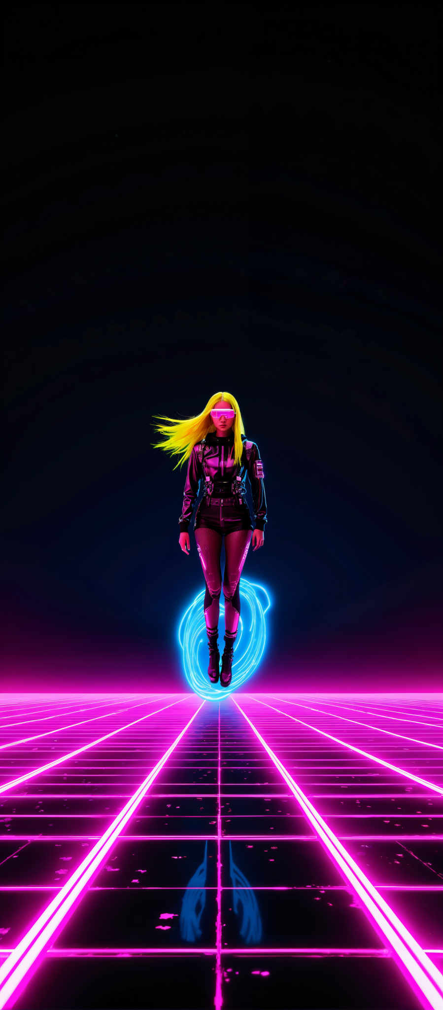 A woman with blonde hair and a black leather jacket is standing on a neon blue circle. She is wearing sunglasses and has a confident expression on her face. The background is a dark purple color creating a striking contrast with the woman and the neon blue object she is standing upon. The art style of the image is modern and edgy with a focus on the woman as the central subject. The subject of the photo is a woman and the motif is a sense of empowerment and confidence. The image evokes a sense that the woman is in control and is the center of attention. The use of neon colors and the modern art style gives the image a futuristic feel.