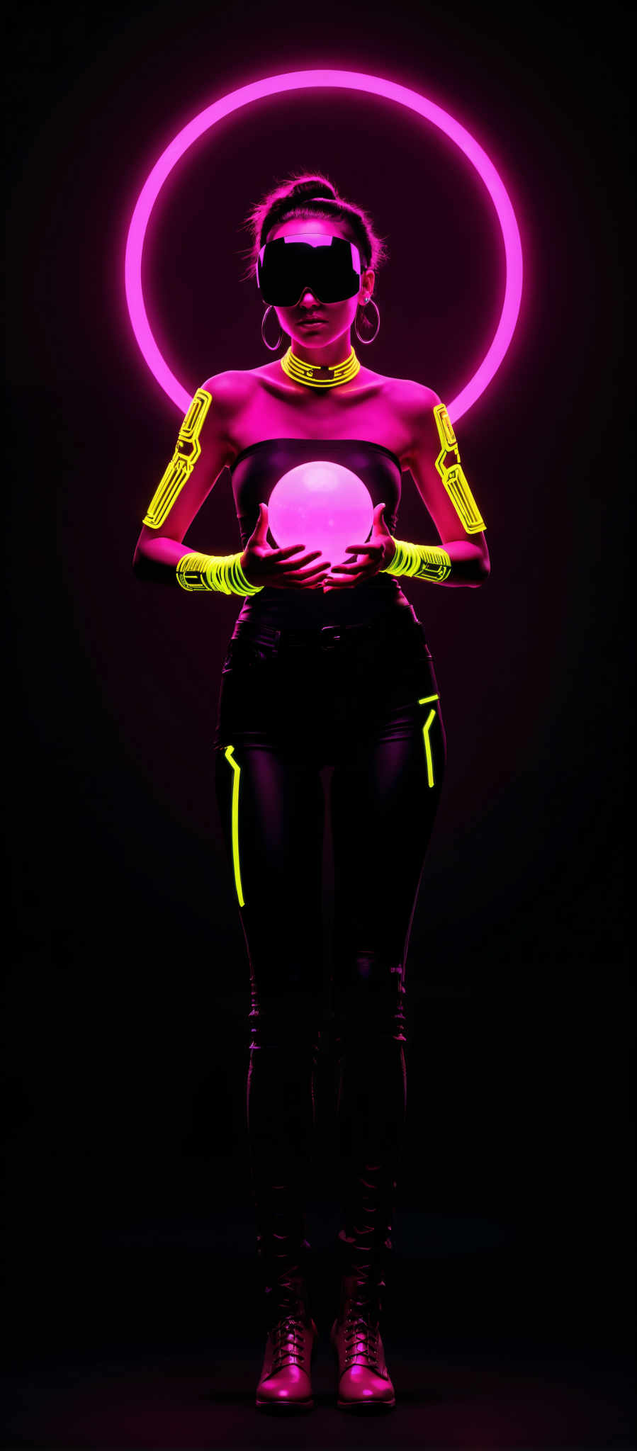 The image portrays a woman in a futuristic setting. She is adorned in a black outfit accentuated with neon yellow lines that add a vibrant contrast. The woman is holding a pink orb in her hands which is the central focus of the image. The background is a dark purple providing a stark contrast to the woman and the orb. The art style of the photo is reminiscent of a digital illustration with a focus on the woman's attire and the glowing orb. This image evokes a sense of mystery and intrigue as the woman seems to be in a world beyond our own.