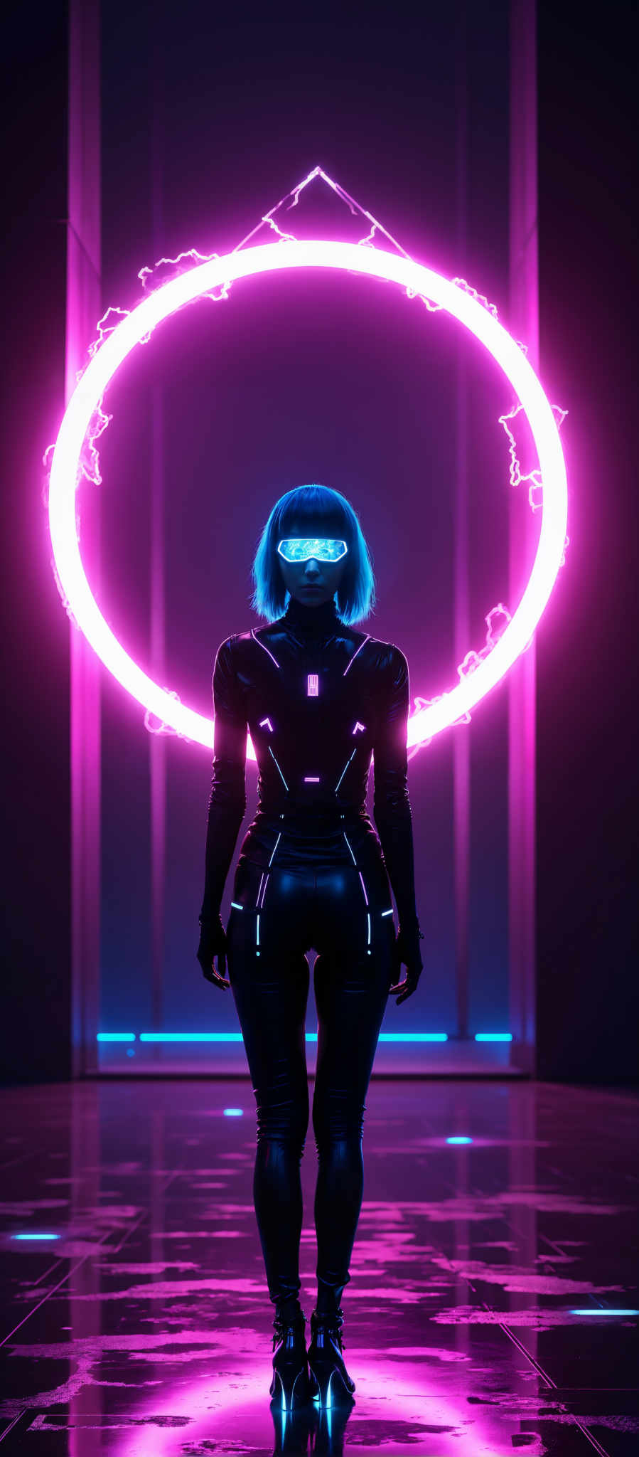 A woman in a futuristic suit stands in front of a large pink circle. She has blue hair and is wearing a white mask. The suit is black and has a lot of lights on it. The background is dark and has blue lights. The woman appears to be in a nightclub or a futuristic city. The pink circle behind her is large and appears to have a glow. The lights on the woman's suit are bright and add to the futuristic feel of the image. The white mask on the womans face adds an element of mystery to the scene. The dark background with blue lights creates a contrast with the woman and the pink circle making them stand out. The overall mood of the photo is futuristic and mysterious.