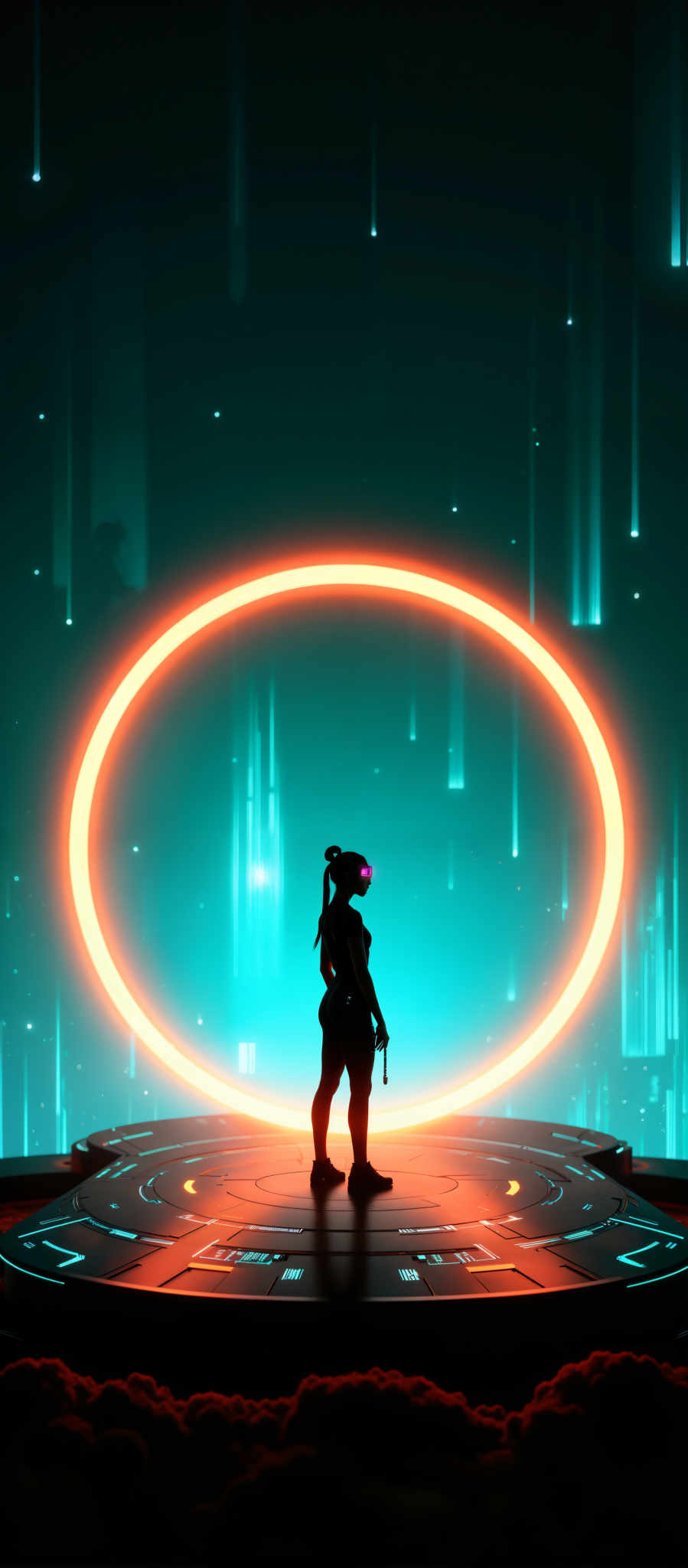 The image portrays a woman standing in the center of a large glowing ring. The ring is illuminated with a vibrant mix of blue and orange lights creating a mesmerizing effect. The woman is dressed in a black outfit and her hair is styled in a bun adding to her elegant appearance. She is holding a sword in her right hand suggesting a warrior or protector motif. The background is a dark blue color adorned with white lines and stars enhancing the overall ambiance of the scene. The art style is reminiscent of digital art with a focus on color and light. The subject of the image is the woman and the motif is one of power and protection.