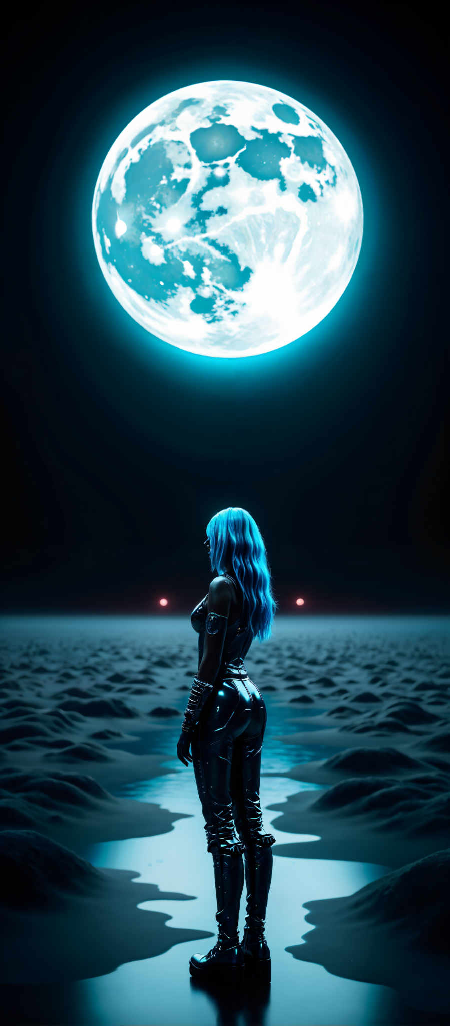 The image portrays a woman with long blue hair standing in a desert. She is wearing a black outfit and holding a sword. The sky is filled with a large blue moon and red stars. The art style is surreal and the subject is a woman. The motif is a desert scene with a moon and stars in the sky. The colors are predominantly blue and black. The woman appears to be in a contemplative or reflective mood as she stands alone in the vast desert under the moonlit sky.