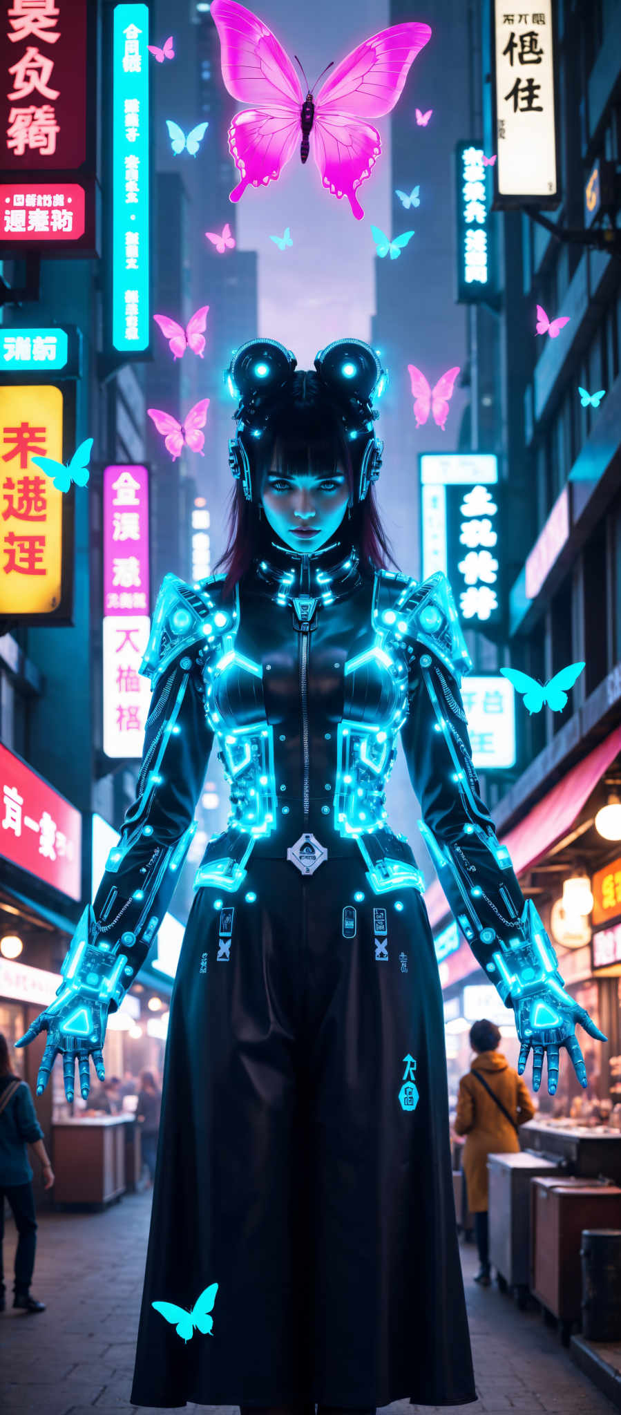 A woman in a futuristic suit stands in front of a cityscape. The suit is black and adorned with blue lights giving it a high-tech appearance. The woman's hair is styled in a bob and she wears a helmet with a visor. She is holding a gun in each hand ready for action. The cityscape behind her is filled with buildings and signs creating a bustling urban atmosphere. The colors in the image are predominantly blue and black with some pink and yellow accents adding contrast. The art style is futuristic with a focus on the woman's suit and the cityscape in the background. The subject of the image is the woman who appears to be a warrior or protector in this futuristic setting. The motif is a blend of technology and urban life with the woman at the center of this futuristic world.