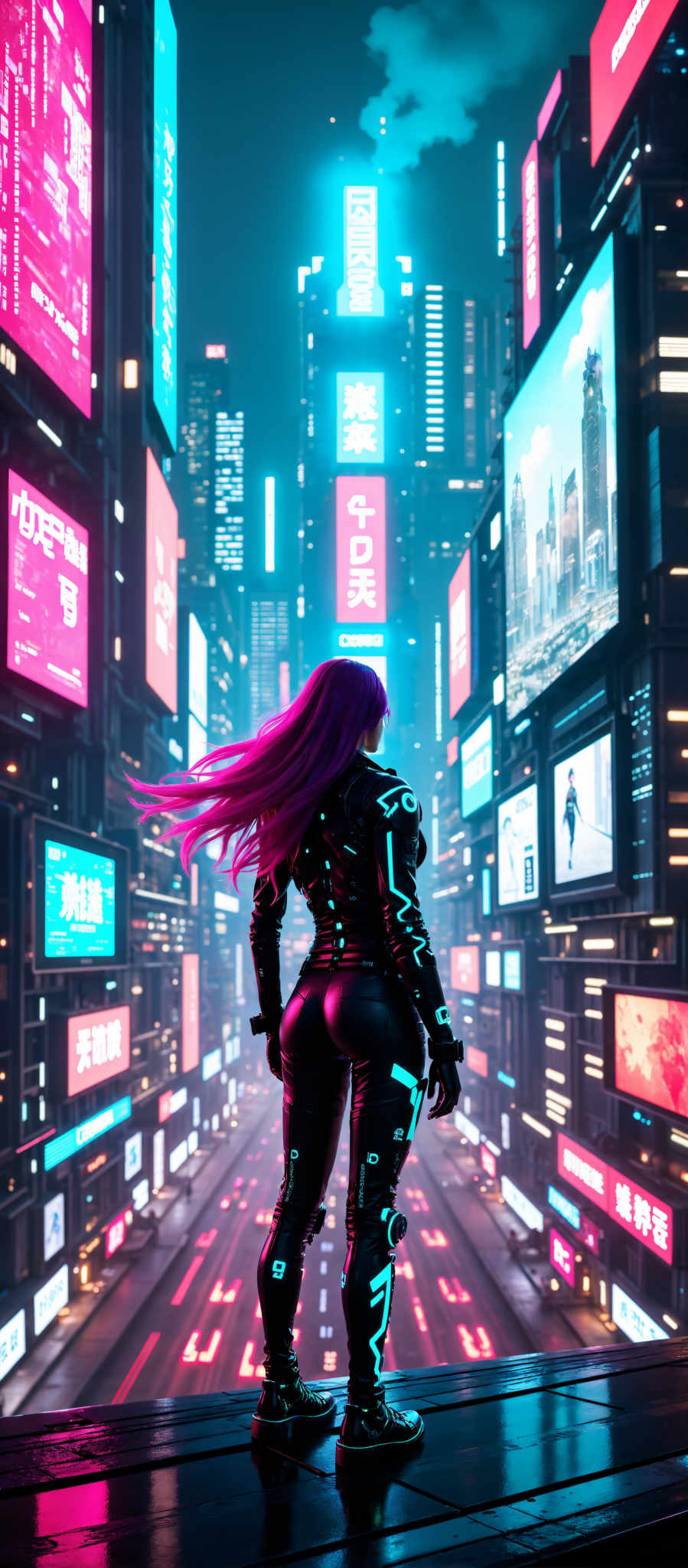 A woman with purple hair stands in front of a cityscape with neon lights. She is wearing a black leather outfit with blue lines. The cityscape is filled with buildings and billboards creating a vibrant and colorful atmosphere. The woman appears to be in a futuristic setting adding a sense of mystery and intrigue to the scene. The image is rich in detail and color with the neon lights adding a bright and lively touch to the overall composition. The art style is modern and futuristic reflecting the advanced technology and urban environment depicted in the image. The subject of the image is the woman who is the focal point of the scene while the cityscape serves as a dynamic and visually striking backdrop. The motif of the subject is the exploration of the city and the discovery of new experiences as suggested by the futuristic setting and the woman's journey through the city.