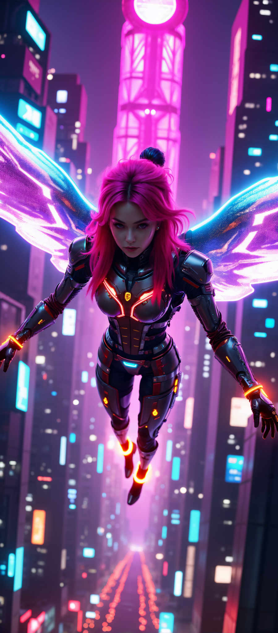 The image portrays a woman with vibrant pink hair standing in a futuristic cityscape. She is clad in a black and red suit adorned with glowing orange lines that add a futuristic touch to her attire. Her arms are outstretched as if embracing the city around her. The cityscape is a mix of towering buildings and neon lights creating a sense of depth and scale. The art style is futuristic with a focus on the woman and the cityscape suggesting a theme of technology and progress. The subject is the woman and the motif is the futuristic city creating an intriguing contrast between the human and the urban environment.