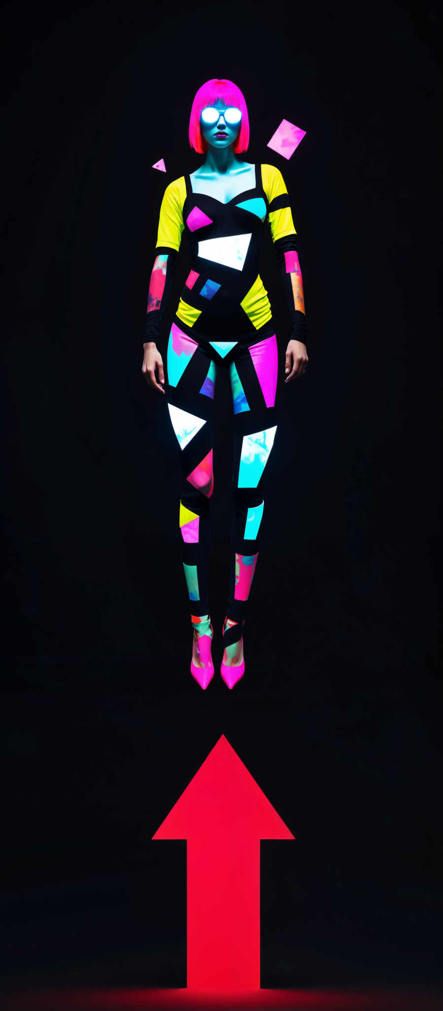 A woman is the central figure in this image. She is adorned in a vibrant geometric patterned bodysuit that is a riot of colors including pink blue green and yellow. The bodysuits design is abstract and modern giving it a unique and eye-catching appearance.

The woman is also wearing a pair of high heels that are a striking combination of pink and green. The heels add an element of elegance and sophistication to her overall look.

The background of the image is a stark black which serves to highlight the woman and her colorful attire. The contrast between the woman's colorful outfit and the black background creates a dramatic effect.

The art style of the photo is modern and abstract with a focus on geometric shapes and patterns. This style complements the design of the woman’s bodyssuit and adds to the overall visual impact of the scene.

The subject of the photograph is a woman and the motif is her colorful outfit. The image captures her in a moment of stillness with no discernible action taking place. The focus is solely on her and her attire with the background serving to draw attention to her and the details of her outfit.

Overall the image presents a striking visual of a woman in a colorful geometrically patterned outfit set against a black background. The modern and artistic style of photography enhances the visual impact making it a captivating image.