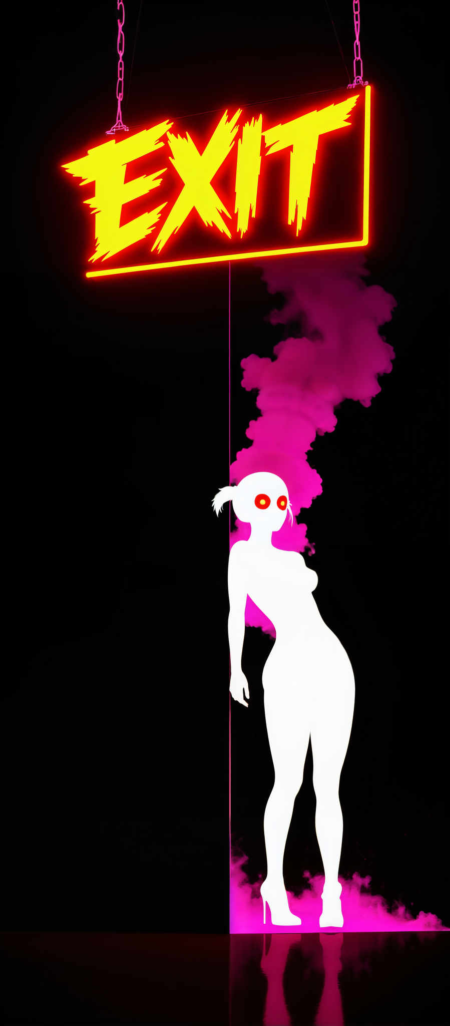 The image portrays a woman in a striking white silhouette standing against a stark black background. Her body is oriented towards the right side of the image with her head turned to the left as if she's gazing into the distance. The woman's form is outlined in a vibrant pink creating a stark contrast against the black backdrop. The art style of the illustration is reminiscent of a comic book or graphic novel with bold lines and flat colors. The subject of the artwork is a woman and the motif revolves around her silhouette and the contrasting colors used in the image. The overall composition of the piece evokes a sense of mystery and intrigue.