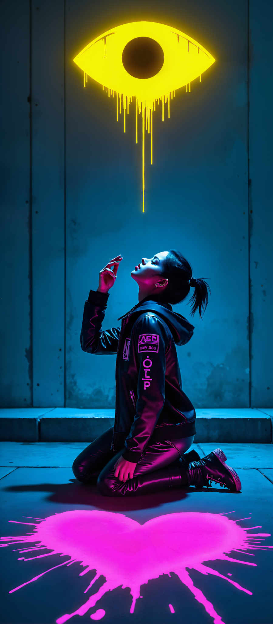 A woman in a black jacket with the letters OLP on the left side is kneeling on the ground. She is looking up at a yellow light that is hanging from the ceiling. The background is a blue wall with a yellow line running across it. The woman's position and the direction of her gaze create a sense of upward movement and curiosity. The contrast between the black jacket and the blue wall adds depth to the scene. The yellow light and line add a pop of color and draw the viewer's eye. The overall art style is modern and minimalistic. The subject is the woman and the motif is the interplay between light color and form.