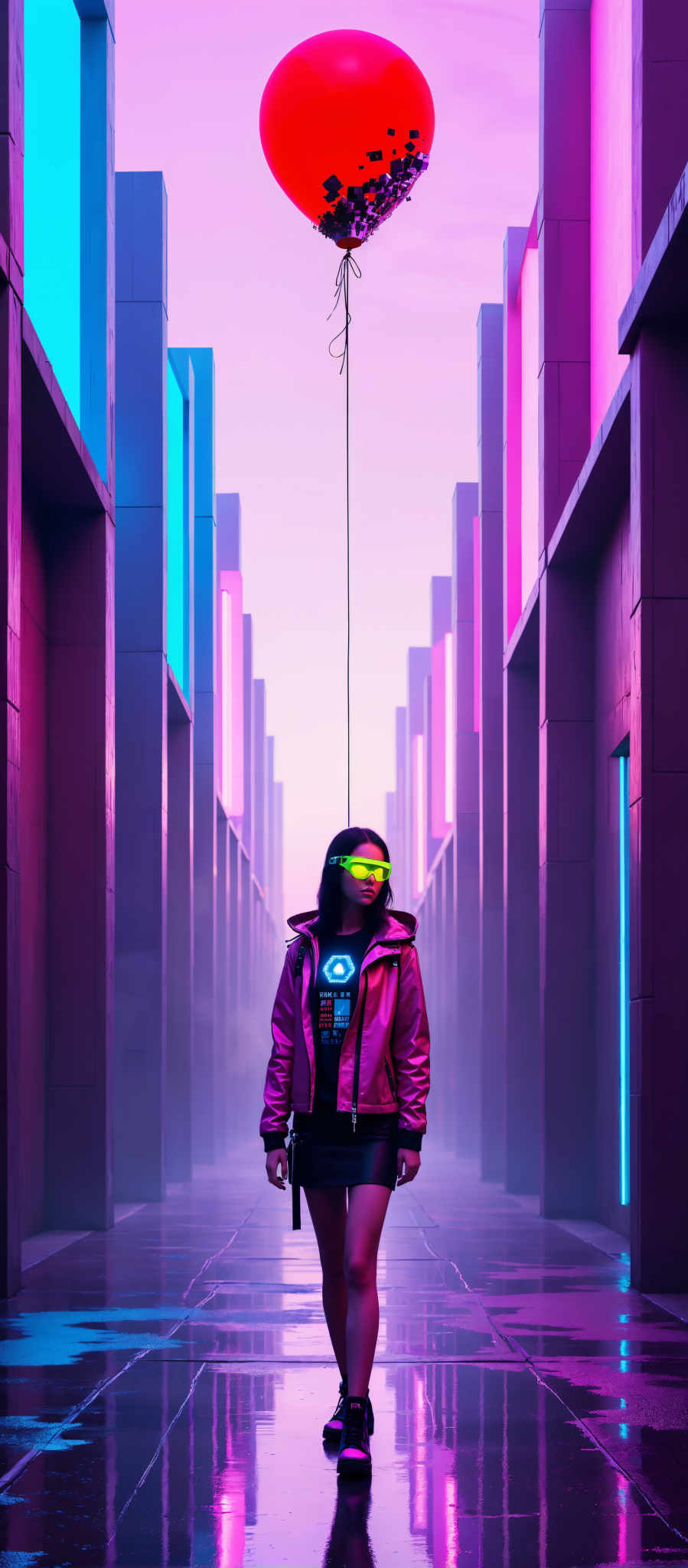 A woman in a pink jacket and a neon green visor stands in front of a row of tall buildings. The buildings are illuminated with pink purple and blue lights creating a surreal atmosphere. The woman appears to be in a futuristic cityscape adding to the overall sense of wonder and intrigue. The image is a blend of vibrant colors and unique lighting evoking a sense of mystery and adventure. The art style is reminiscent of a digital painting or a photograph taken in a dream. The subject is the woman who is the focal point of the image and the motif is the futuristic city which serves as the backdrop. The overall mood of the photo is surreal and dreamlike inviting viewers to imagine what it would be like to explore this fantastical world.