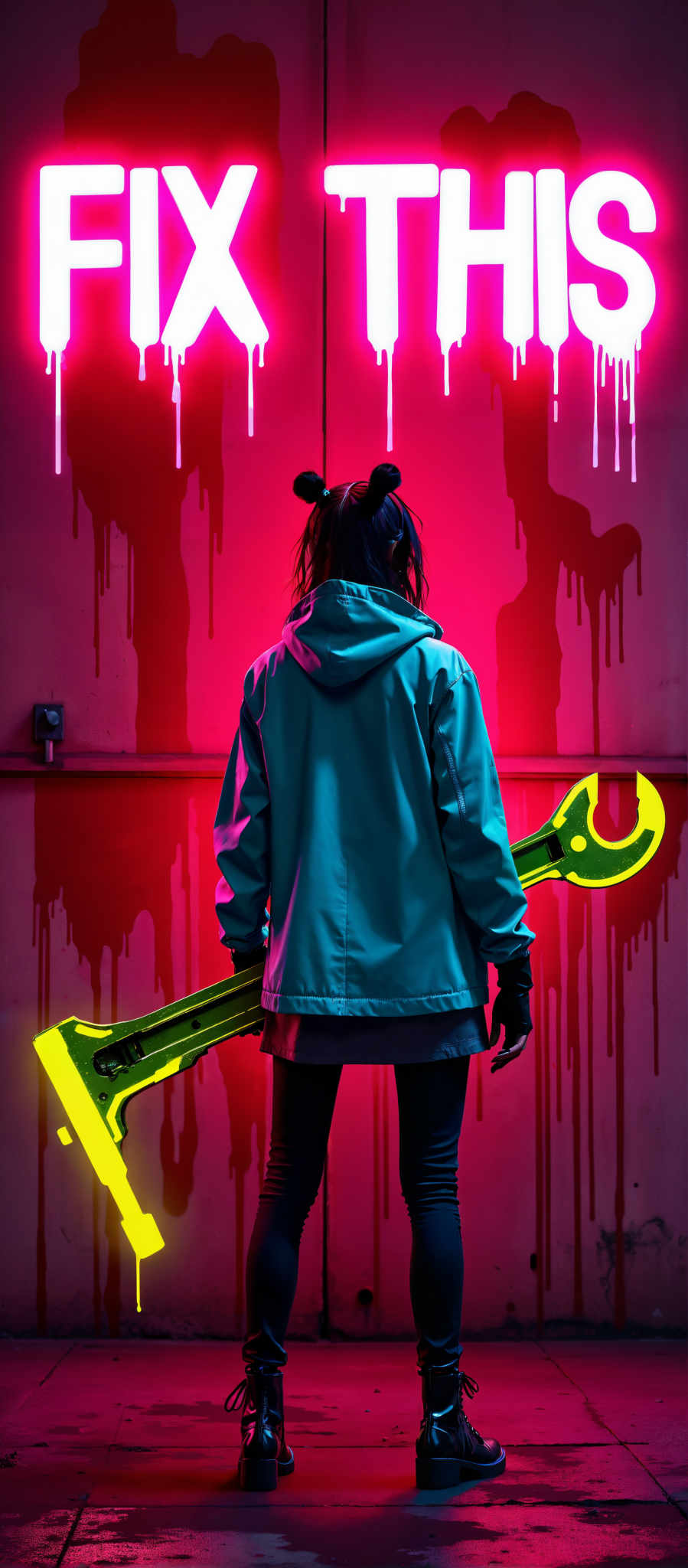 A woman stands in front of a red wall her back to the camera. She is dressed in a blue jacket and black pants. In her hands she holds a large yellow wrench. Her hair is styled in two buns adding a playful touch to her appearance. The wall behind her is splattered with red paint creating a striking backdrop. The image evokes a sense of mystery and intrigue as the woman's identity and intentions remain unknown. The vibrant colors and unique art style contribute to the overall impact of the image.