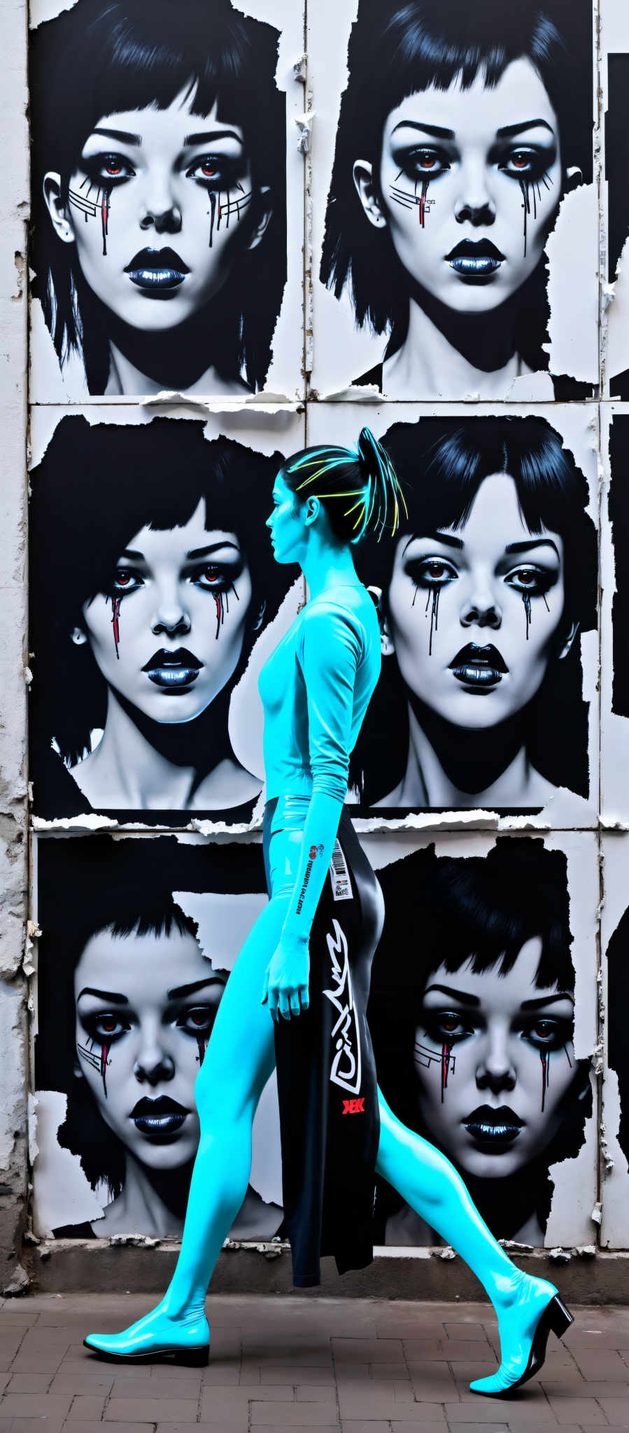 The image portrays a woman with a blue face paint and a black and white striped outfit. She stands in front of a wall adorned with multiple paintings of her face. The art style is reminiscent of pop art characterized by bold colors and simple shapes. The subject of the image is the woman who appears to be a model or performer. The motif of the paintings on the wall is the same woman's face creating a repetitive and visually striking pattern. The overall mood of the photo is mysterious and intriguing inviting viewers to explore the story behind the image.