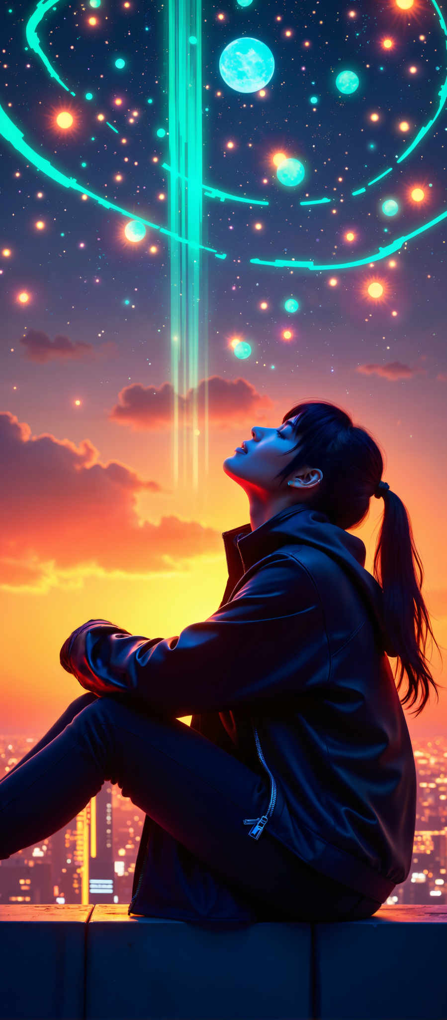 A woman with long black hair is sitting in a field of flowers. She is wearing a black jacket and looking up at the sky. The sky is filled with clouds and stars and there is a bright light shining down. The woman appears to be in a state of wonder or awe. The colors in the image are predominantly black white and orange. The art style is surreal and the subject is a woman. The motif is the beauty of nature and the wonder of the universe.