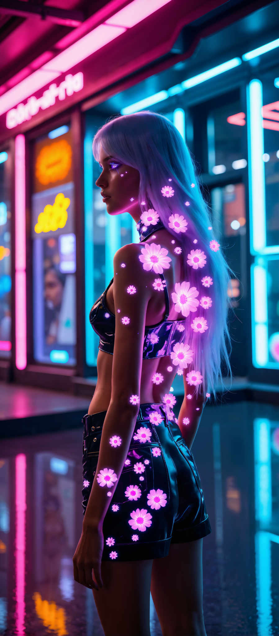 A woman with long blonde hair is the central figure in this image. She is adorned in a black and purple outfit which is embellished with a floral pattern. The woman is standing in front of a vibrant backdrop which features a neon sign and a window. The colors in the image are predominantly pink blue and purple creating a visually striking contrast. The art style of the image is reminiscent of a digital painting with a focus on the woman's attire and the surrounding environment. The subject of the photo is the woman and the motif is the floral pattern on her outfit. The image evokes a sense of mystery and intrigue with the woman appearing to be in a dreamlike or surreal setting.