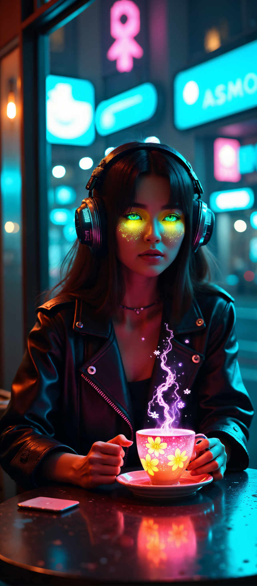 A woman with long brown hair is wearing a black leather jacket. She has headphones on her ears and her eyes are glowing yellow. She is looking off to the side with a serious expression. The background is dark and filled with neon lights. The woman appears to be in a nightclub or bar. The image has a futuristic and edgy art style. The subject of the image is the woman and the motif is the contrast between her serious expression and the vibrant neon lights in the background. The colors in the image are predominantly black yellow and purple. The overall mood of the photo is mysterious and intense.