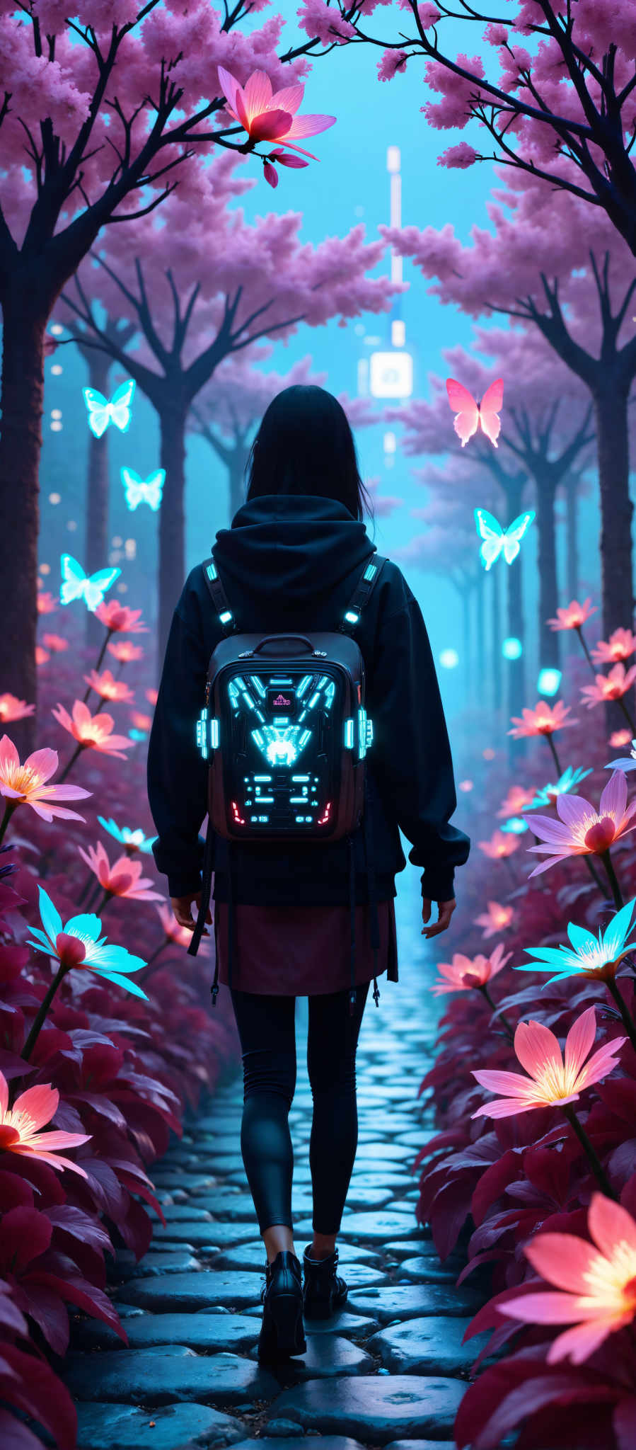 A woman is seen from behind walking through a forest of trees. She is wearing a black hoodie and a backpack with a blue and white design on the back. The trees are adorned with pink and blue flowers creating a beautiful and serene atmosphere. The woman appears to be in a peaceful and tranquil mood enjoying her walk in the forest. The colors in the image are vibrant and the art style is reminiscent of impressionism. The subject of the image is the woman and the forest and the motif is the peacefulness and beauty of nature.