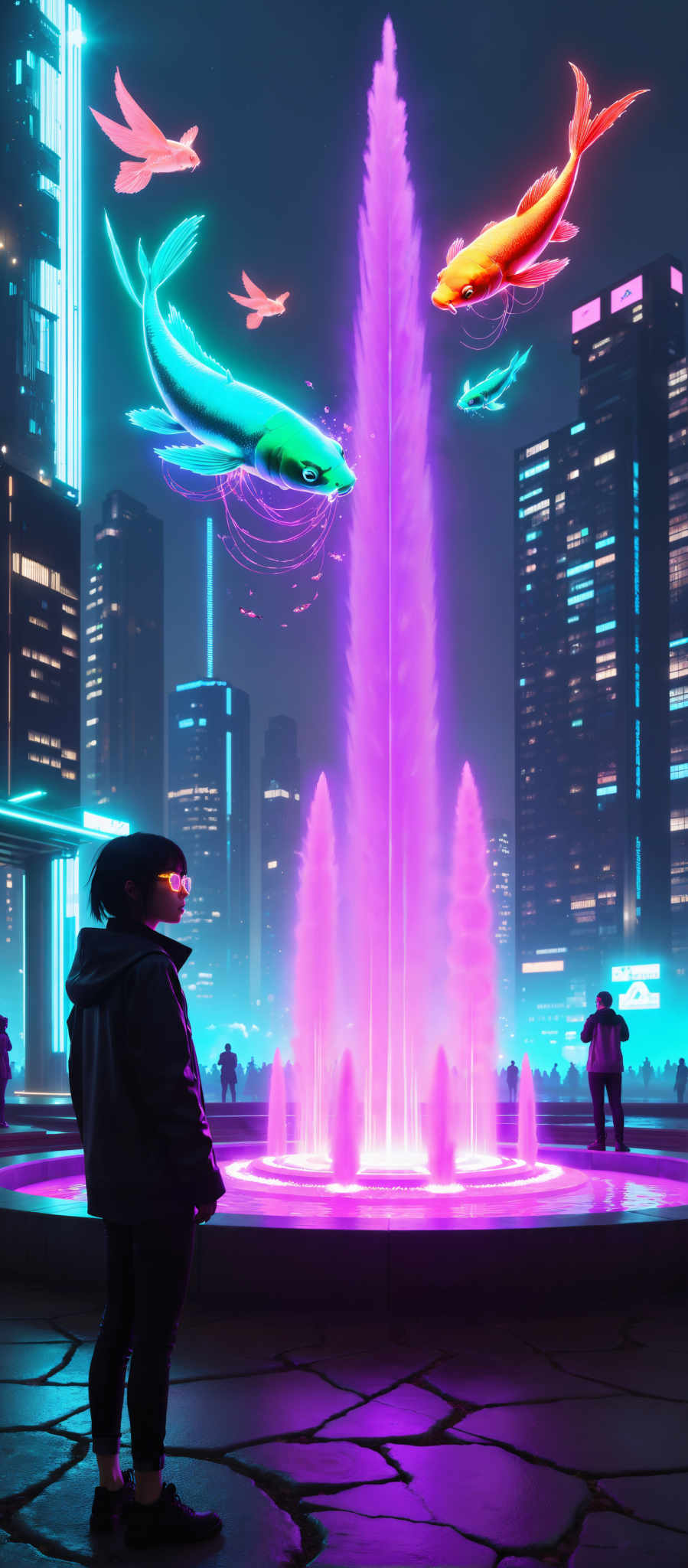 In the image a young woman stands in front of a futuristic cityscape her back to the camera. She is dressed in a black jacket and sunglasses adding an air of mystery to her persona. The cityscape behind her is a vibrant mix of tall buildings and skyscrapers their windows glowing with a myriad of colors. The most striking feature is a large pink fish-like structure that seems to be floating in the air its long pointed tail adding a whimsical touch to the scene. The woman's gaze is directed towards this unusual spectacle creating a sense of wonder and curiosity. The overall art style of the image is surreal blending elements of fantasy and reality in a visually stunning manner. The subject of the photo is the woman with the fish-like object serving as a captivating motif. The image evokes a sense that the woman is in a world where the ordinary meets the extraordinary.