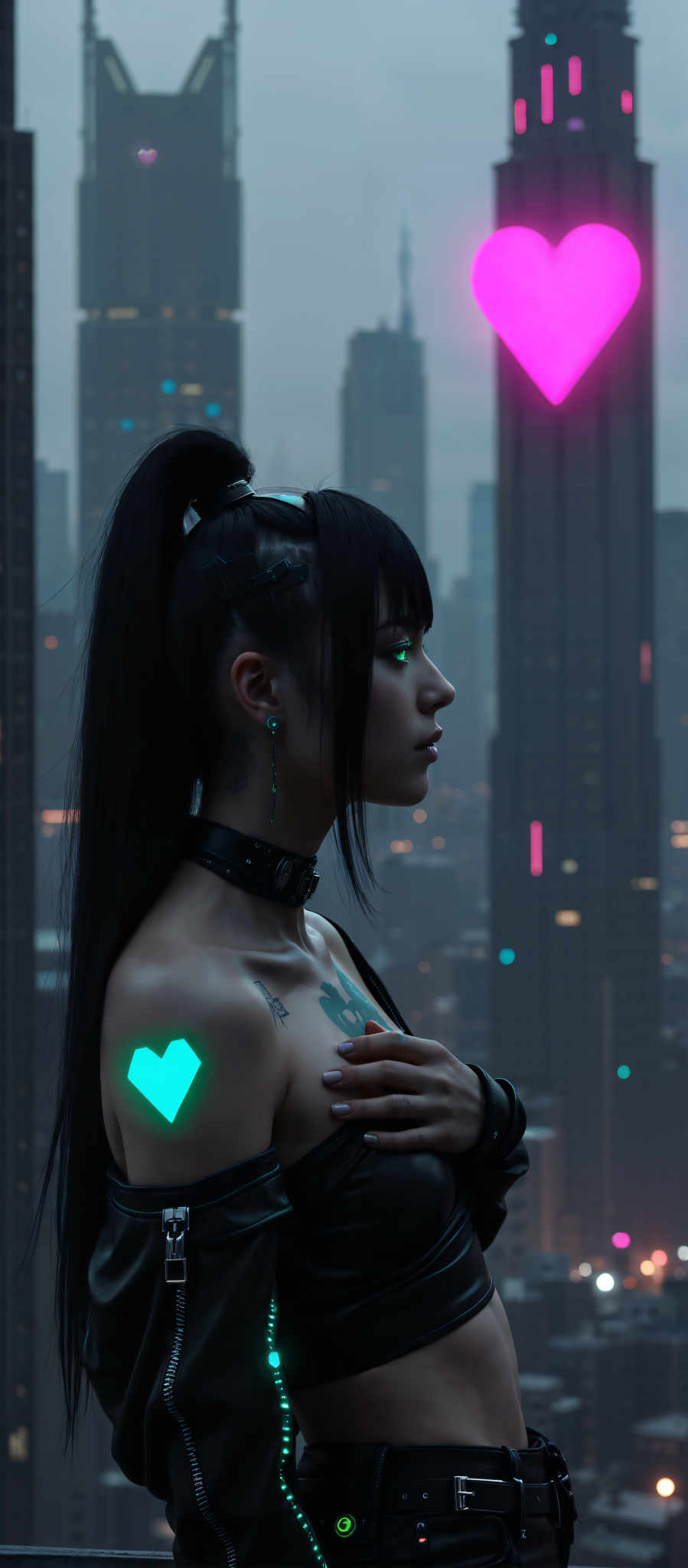 The image portrays a woman with long black hair adorned with a heart tattoo on her left shoulder. She is wearing a black choker necklace and earrings adding to her edgy appearance. The cityscape in the background is illuminated by neon lights creating a vibrant atmosphere. The woman's gaze is directed off to the side suggesting a sense of contemplation or introspection. The overall mood of the image is mysterious and intriguing with the woman's attire and the city's neon lights contributing to this effect. The art style is modern and urban reflecting the contemporary city environment. The subject of the photo is the woman with her unique style and the intriguing cityscape serving as the backdrop. The motif of the scene is the juxtaposition of the individual against the urban landscape evoking a sense or solitude amidst the bustling city.