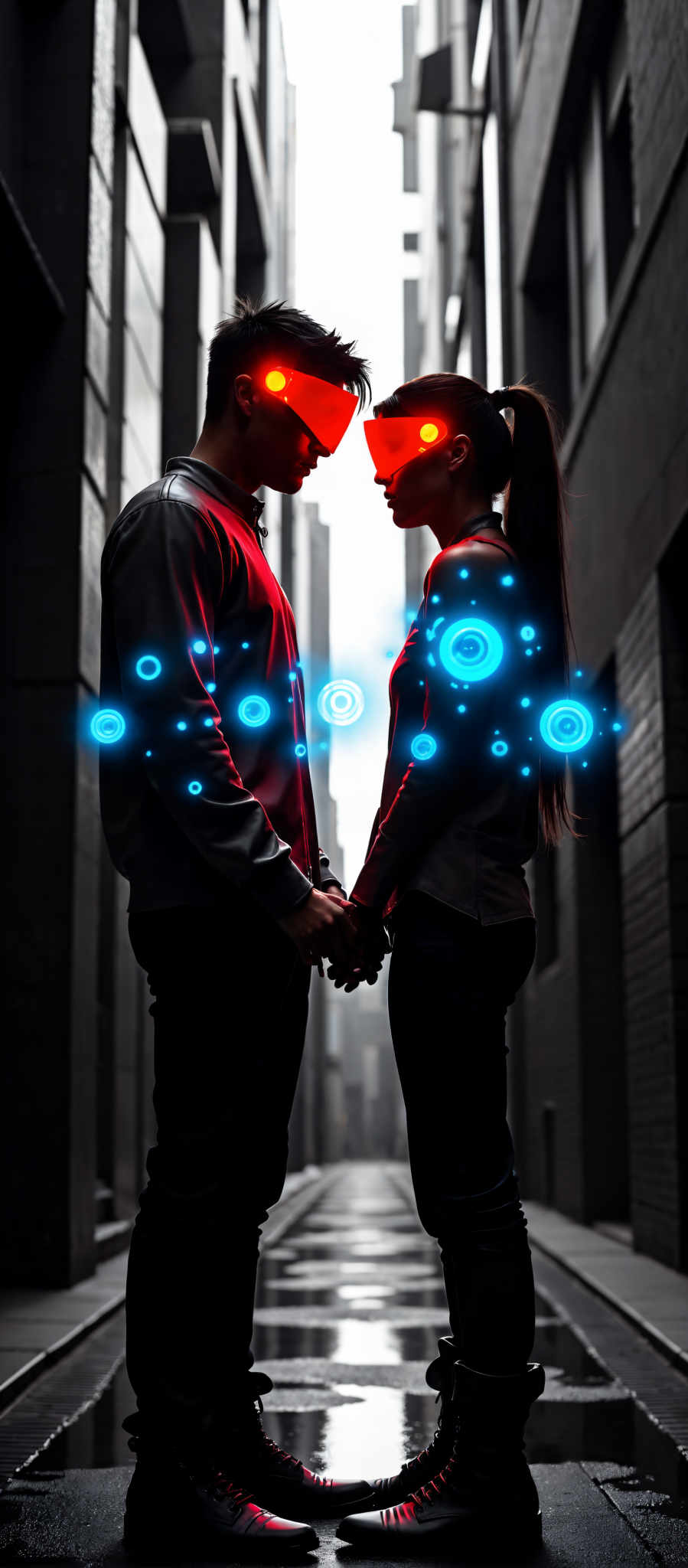 In the image a couple is standing close together their hands intertwined. The man is dressed in a red shirt and black pants while the woman is wearing a black top and blue jeans. They are standing in front of a brick wall with a cityscape visible in the background. The couple is bathed in a blue light with red and white circles surrounding them. The image has a futuristic art style and conveys a sense of intimacy and connection between the two individuals.