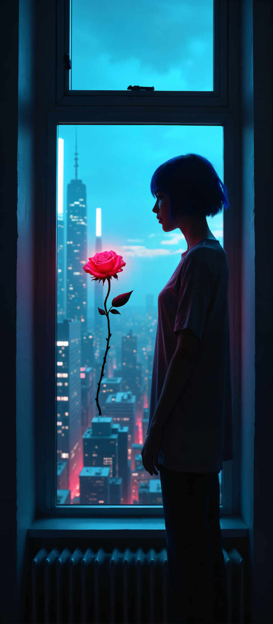 A woman with blue hair stands in front of a window holding a red rose. The cityscape outside is bathed in a cool blue light creating a surreal atmosphere. The woman's gaze is directed towards the rose suggesting a sense of contemplation or admiration. The art style is reminiscent of surrealism with the juxtaposition of the natural element (the rose) and the urban environment (the cityscape) creating a dreamlike scene. The subject of the image is the woman and the rose she holds while the motif is the contrast between nature and urban life. The image evokes a sense curiosity and wonder inviting the viewer to explore the story behind it.