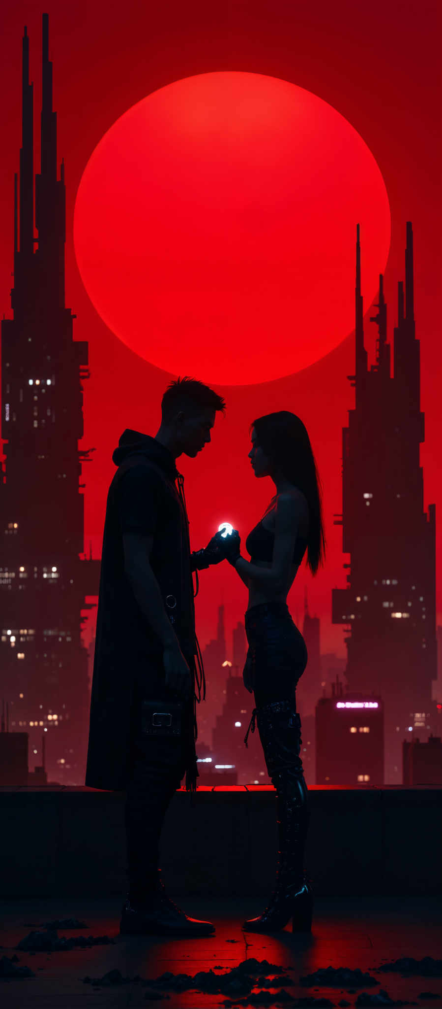 In the image a man and a woman are standing in front of a city skyline at night. The man dressed in a black hoodie and jeans is holding a small blue light in his hand. The woman wearing a black tank top and shorts is looking at the light with a curious expression. The city skyline in the background is illuminated with red and orange lights creating a dramatic atmosphere. The art style of the image is reminiscent of a painting with a focus on the subjects and their interaction with the light. The subject of the photo is the man and woman and the motif is the interaction between them and the light they are holding. The colors in the image are predominantly black red and orange. The image does not contain any text.