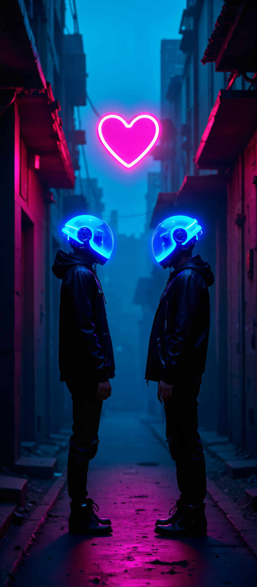 The image captures a scene of two individuals both donned in black leather jackets and futuristic blue helmets standing in a dimly lit alleyway. The alleyway is characterized by a brick wall on the left and a wooden door on the right. The atmosphere is further enhanced by a pink neon light that illuminates the background. The overall art style of the image is reminiscent of a futuristic setting with the helmets and jackets adding to this theme. The subjects appear to be in a state of stillness their attention seemingly focused on something in the distance. The brick wall and wooden door provide a stark contrast to the futuristic elements creating a unique blend of old and new. The pink neon adds a touch of warmth to the otherwise cool-toned image. The image does not contain any discernible text.