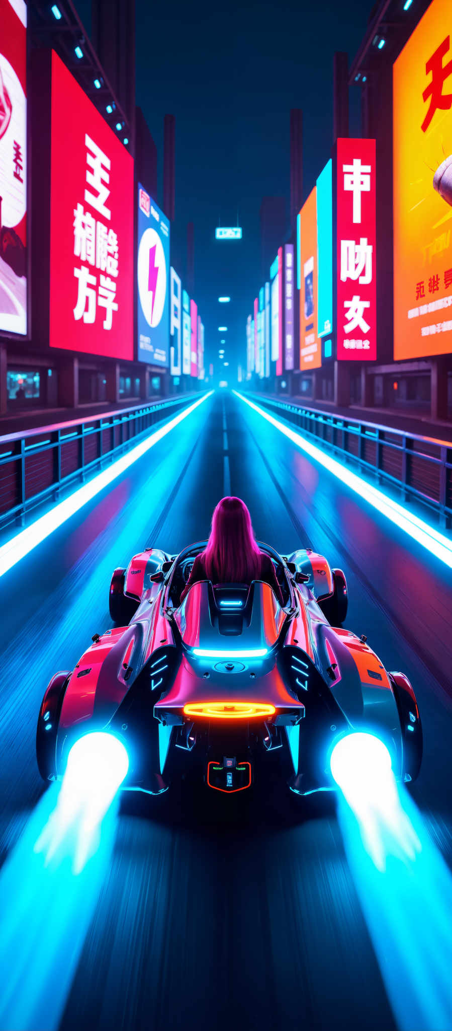 A woman is riding a futuristic motorcycle through a neon-lit tunnel. The motorcycle is predominantly red and silver with blue and orange lights illuminating the path ahead. The woman with her long red hair flowing is wearing a black helmet and a silver jacket. The tunnel is filled with bright lights creating a futuristic atmosphere. The walls of the tunnel are adorned with neon signs in various colors adding to the vibrant scene. The image captures a sense of adventure and freedom as the woman navigates through the tunnel on her high-tech motorcycle.