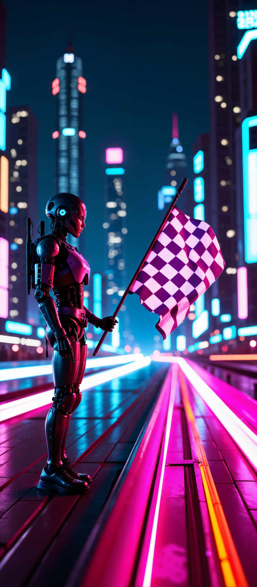 A futuristic robot stands on a neon-lit platform holding a checkered flag. The robot is a striking combination of black and silver with glowing blue eyes. The platform is bathed in a vibrant mix of pink blue and purple lights creating a surreal atmosphere. The checkered pattern of the flag adds a dynamic element to the scene. The overall art style is reminiscent of a digital illustration with a focus on the robot and its surroundings. The subject of the image is the robot and the motif is the checkered banner suggesting a theme of competition or achievement. The image evokes a sense of anticipation and excitement as if the robot is about to embark on a thrilling journey.