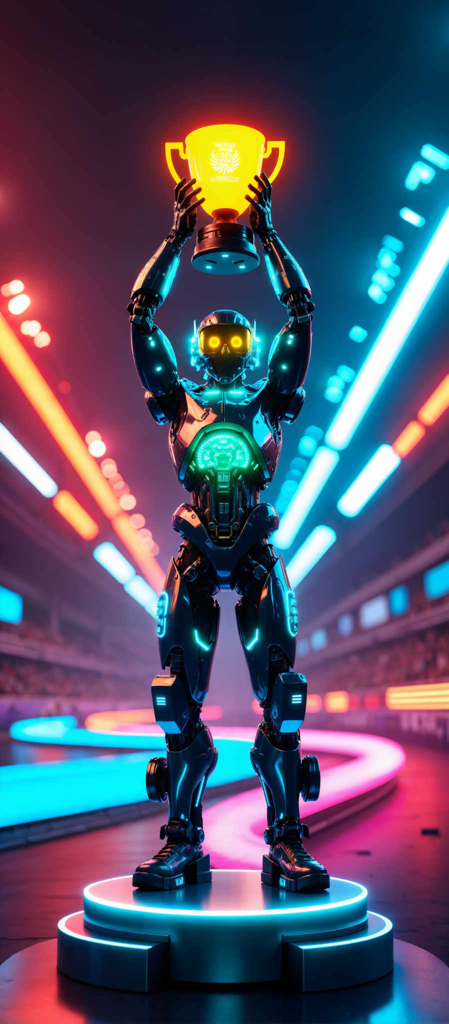 The image portrays a futuristic robot standing in a stadium. The robot with its blue and green body has a glowing yellow head giving it an otherworldly appearance. It's holding up its arms in a triumphant gesture as if celebrating a victory. The background is filled with colorful lights creating a vibrant atmosphere. The stadium is filled to the brim with spectators adding to the excitement of the scene. The art style is futuristic with a focus on the robot as the main subject. The image evokes a sense of awe and wonder capturing the essence of a futuristic world.