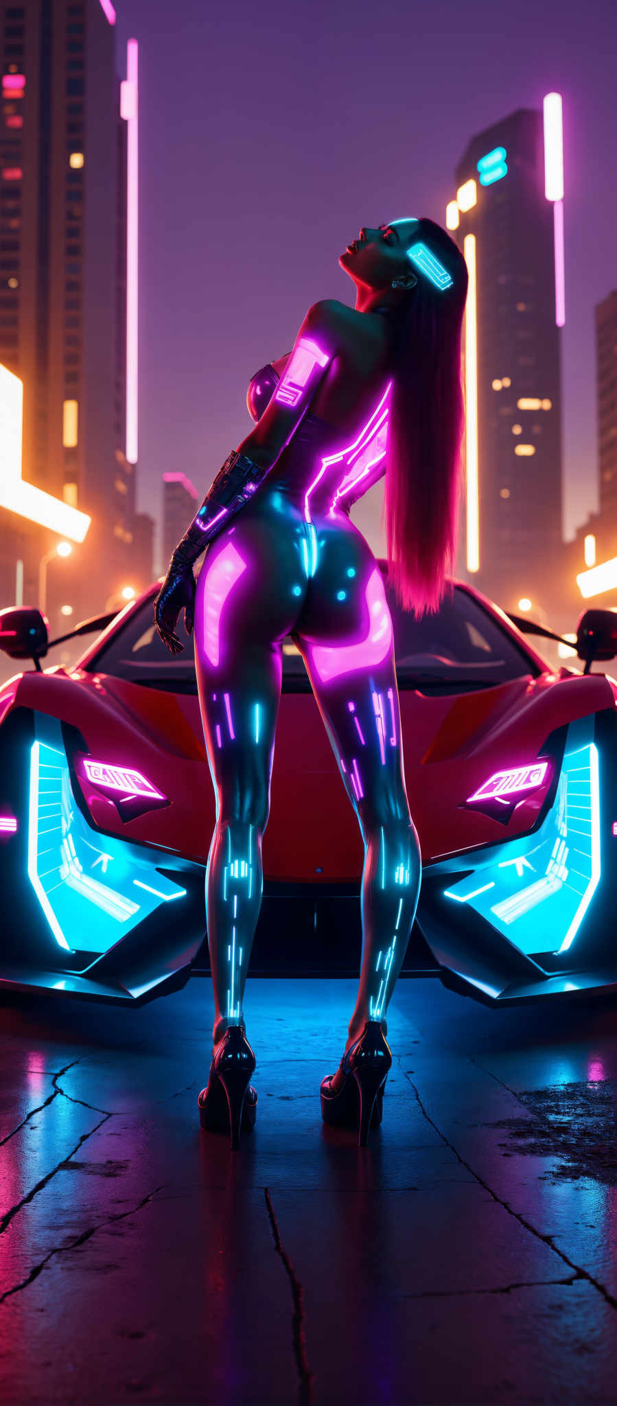 A woman in a futuristic outfit stands in front of a red sports car. The car is illuminated by blue and purple lights creating a vibrant and futuristic atmosphere. The woman's outfit is a mix of blue and pink adding to the overall futuristic theme. The background features a cityscape with tall buildings suggesting that the scene takes place in a large urban area. The image has a futuristic art style with a focus on the woman and the car making them the main subjects of the image. The motif of the scene is a blend of technology and fashion with the woman's futuristic outfit and the high-tech car being the key elements. The colors used in the image are predominantly blue purple and pink. The overall mood of the photo is futuristic and high-tech with a sense of excitement and adventure.