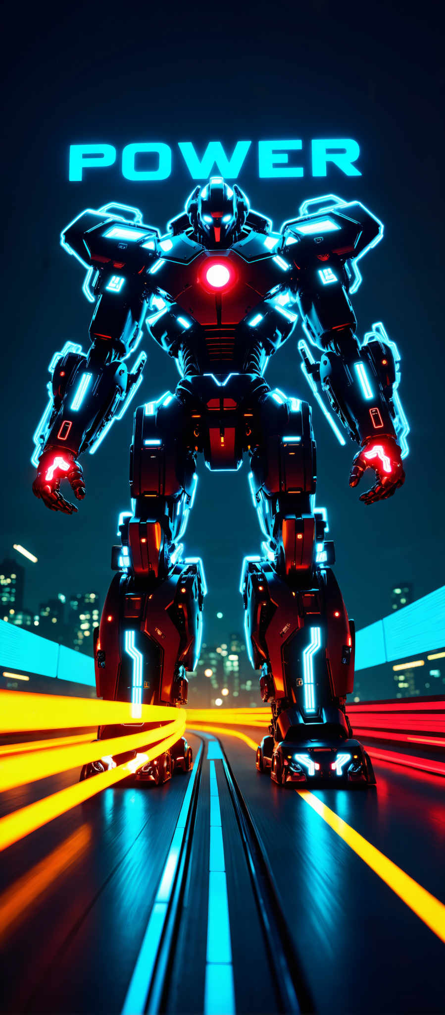 The image presents a futuristic robot standing tall against a city skyline at night. The robot composed of black and red panels is illuminated by blue and red lights giving it an imposing and futuristic appearance. It has two arms each ending in a red claw and two legs each equipped with a blue panel. The city skyline in the background is a mix of tall buildings and neon lights adding to the urban and futuristic atmosphere of the image. The overall mood of the photo is dark and mysterious with the robot as the central focus.