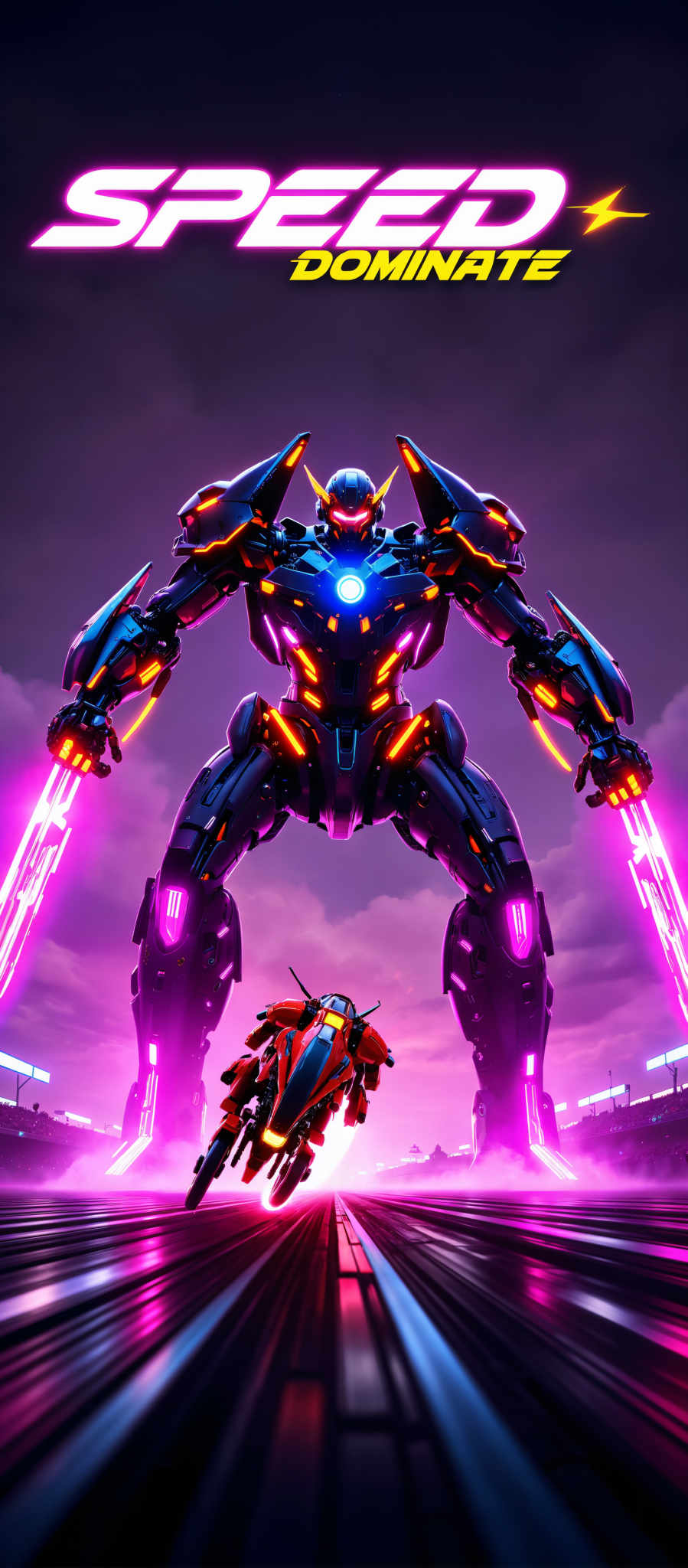 The image portrays a futuristic robot standing tall against a backdrop of a cloudy sky. The robot painted in hues of blue and orange is a striking figure with a large head and two arms. It's holding a large sword in each hand ready for battle. The scene is set in a stadium where a crowd of people can be seen in the background adding to the intensity of the moment. The art style of the image is reminiscent of a digital illustration with a focus on the robot as the central subject. The colors used are vibrant with the blue and red of the robot contrasting against the cloudy sky and the crowd in the stadium. The image evokes a sense of anticipation and excitement as if the robot is about to engage in a fierce battle.