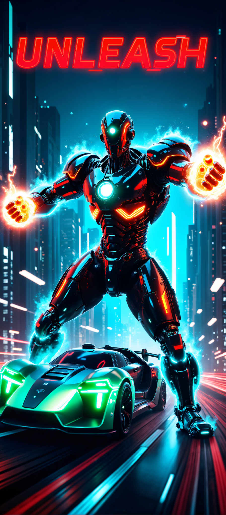 The image portrays a futuristic robot standing on a car. The robot with its metallic body and glowing red and blue lights exudes a sense of power and authority. Its arms are raised as if ready for battle and its legs are spread apart giving it a commanding presence. The car beneath it is sleek and modern with a blue and black color scheme that matches the robot's lights. The background is a cityscape filled with tall buildings and neon lights adding to the futuristic theme. The overall art style is a blend of sci-fi and urban elements creating a visually striking image. The subject of the image is the robot and the motif is the intersection of technology and urban life.