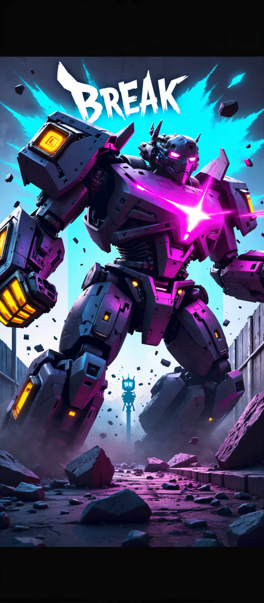 The image presents a futuristic robot standing tall and imposing. The robot is predominantly purple and black with a large head and a smaller body. It has two arms each ending in a yellow claw. The background is a stark contrast to the robot featuring a blue sky with scattered clouds. The art style is reminiscent of a digital illustration with clean lines and vibrant colors. The subject of the image is the robot itself a symbol of advanced technology and human ingenuity. The motif of the robot is one of power and control as it stands ready for action. The image does not contain any text or other discernible objects. The relative position of the objects is such that the robot appears to be the central focus with the sky and clouds serving as a backdrop. The colors object types and their actions have been described as accurately as possible based on the image.