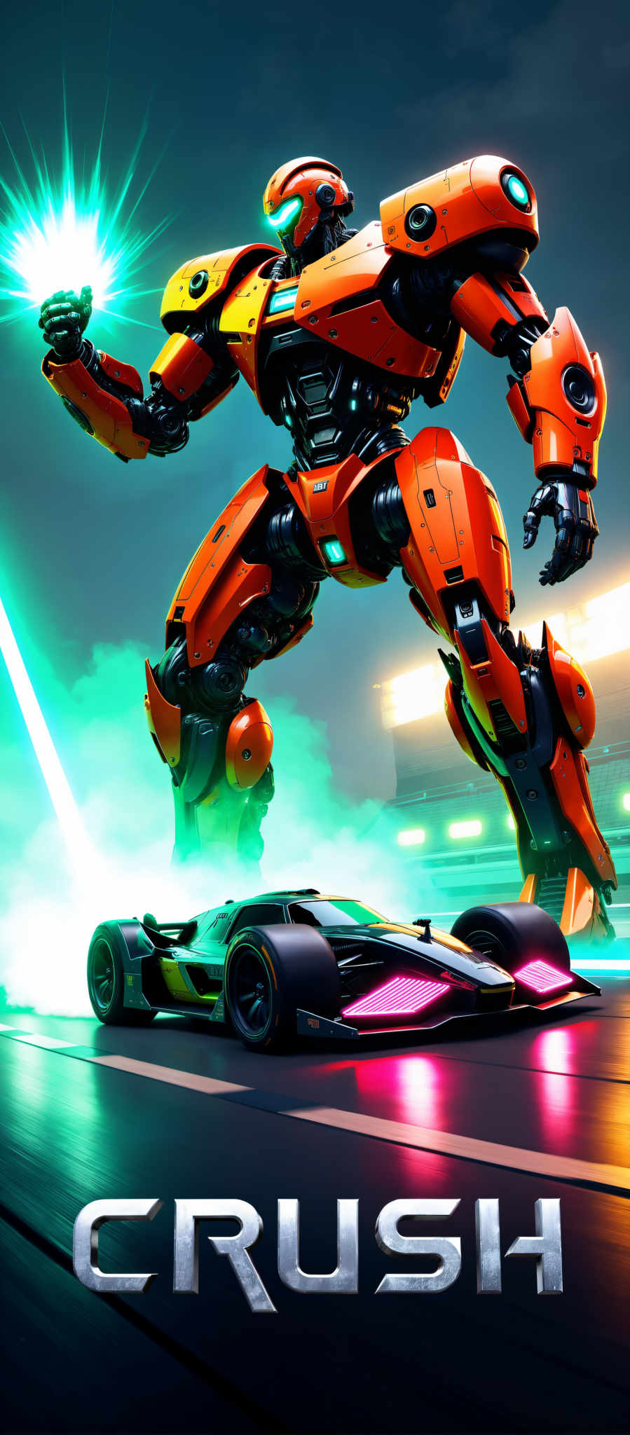 The image presents a futuristic scene featuring a large robot and a sports car. The robot painted in vibrant shades of orange and black stands tall on a platform. Its design is sleek and modern with a large head and a long arm giving it an imposing presence. 

In contrast the sports car is a striking combination of black and yellow. It's positioned in front of the robot as if ready to race off into the distance. The car's design is futuristic with angular lines and a pointed nose suggesting high-speed capabilities.

The background of the image is a mix of green and blue hues creating a sense of depth and space. The lighting is dramatic with bright lights illuminating the robot and the car while the rest of the scene is shrouded in darkness. This contrast adds to the overall futuristic feel of the artwork.

The art style of the piece is reminiscent of anime or manga with its focus on detailed colorful characters and settings. The subject of the art is a robot and sports car a common motif in science fiction and futuristic art. The artist has skillfully used color light and composition to create a visually striking image that captures the viewer's attention.