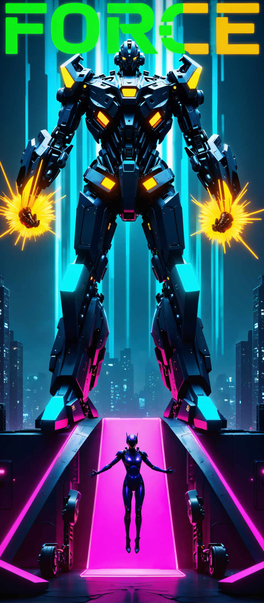 The image presents a futuristic robot standing tall in a cityscape. The robot composed of black and blue panels has a large head with glowing orange eyes. It stands on a pink platform with its arms extended as if ready for action. The cityscape in the background is filled with tall buildings also composed of blue and black panels with bright orange lights illuminating the scene. The overall art style is futuristic and the subject is a robot with the cityscape serving as the backdrop. The image evokes a sense of anticipation and excitement as if the robot is about to embark on a mission in this urban jungle.